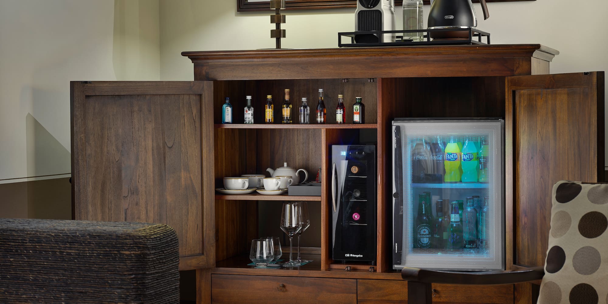 a room with a cabinet and a television