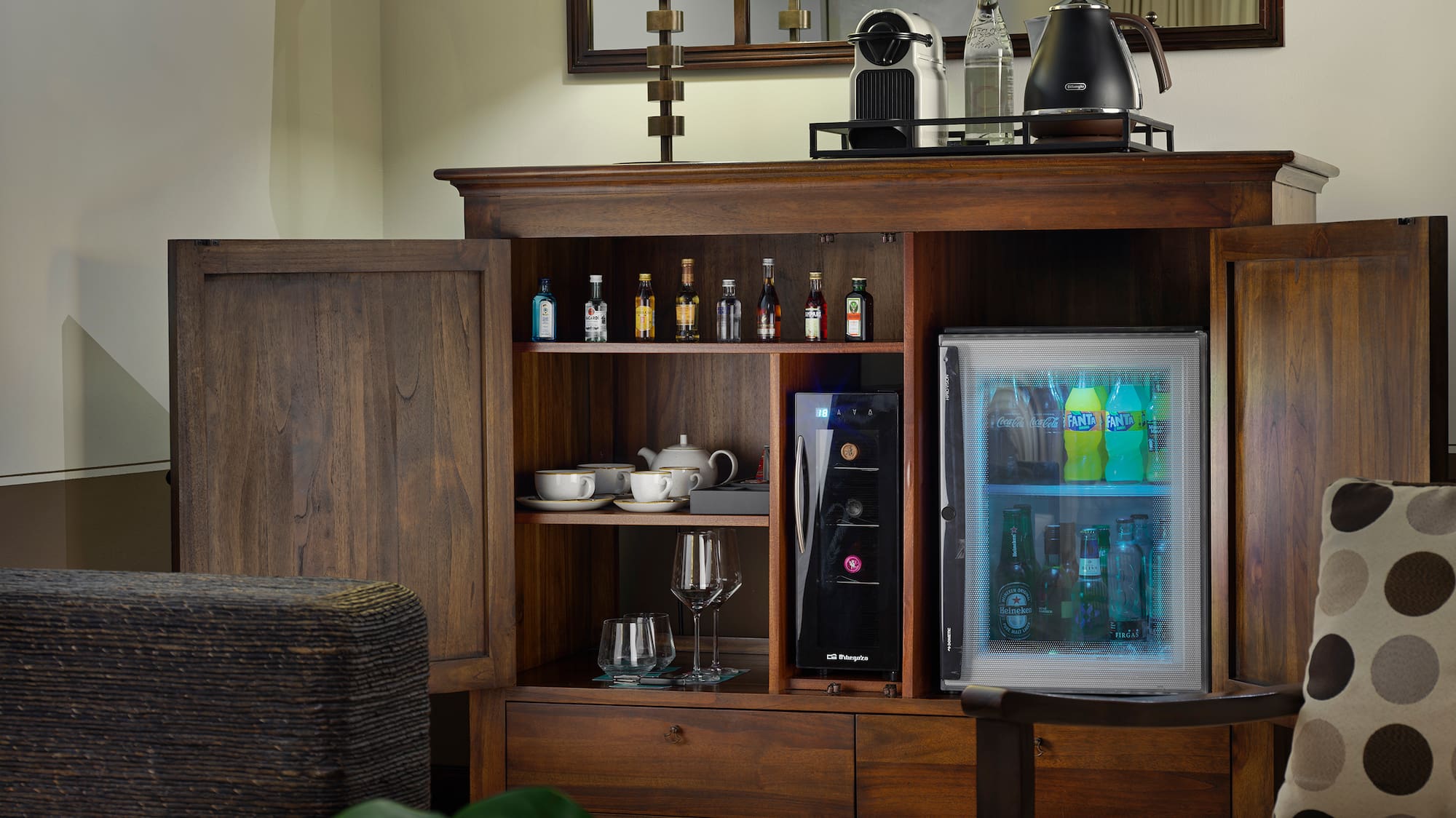 a room with a cabinet and a television