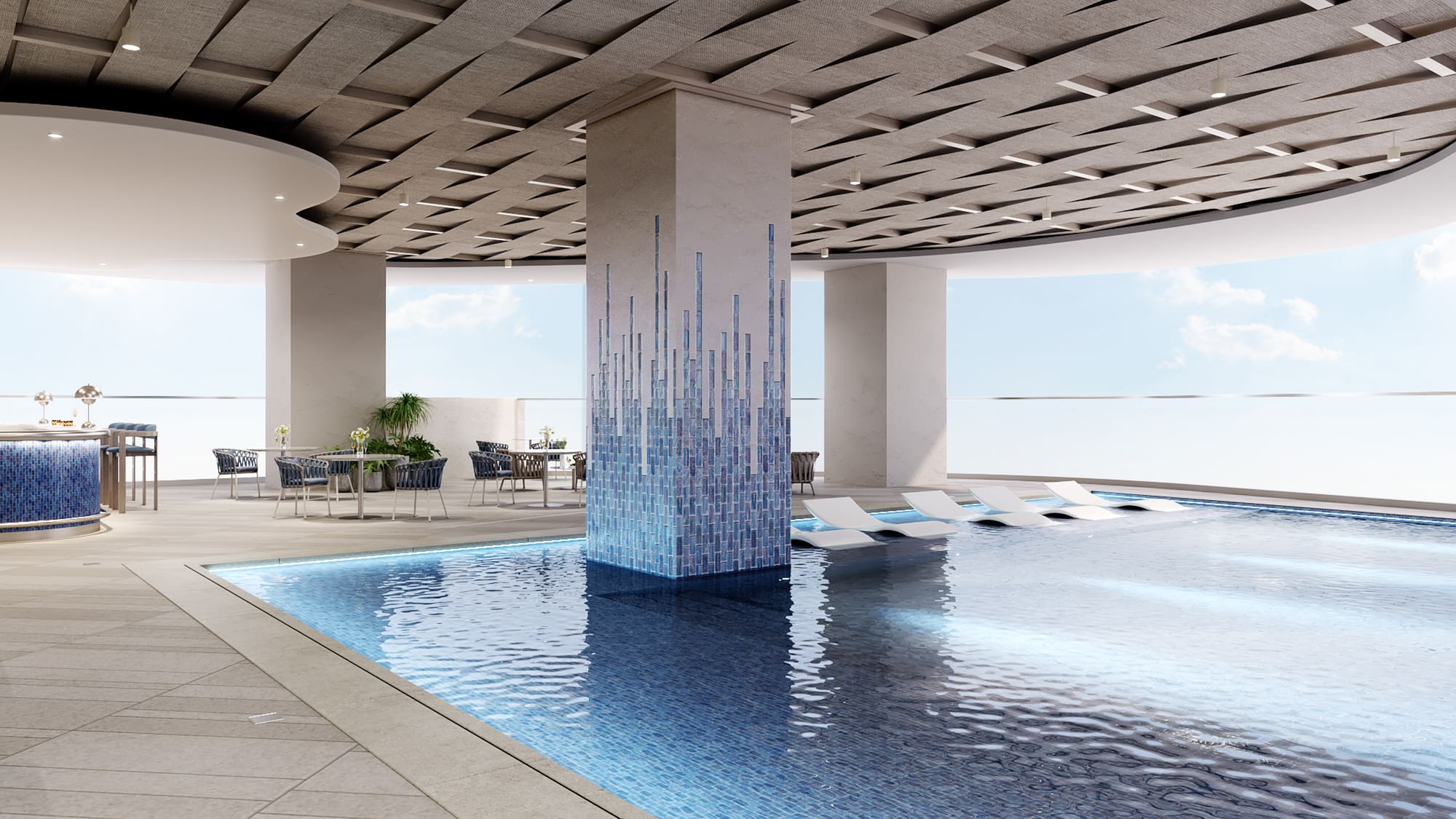 Modern pool deck, blue mosaic pillar, bar, and woven ceiling design.