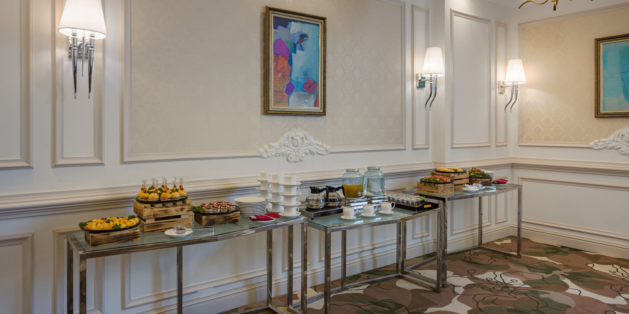 a buffet table with food on it