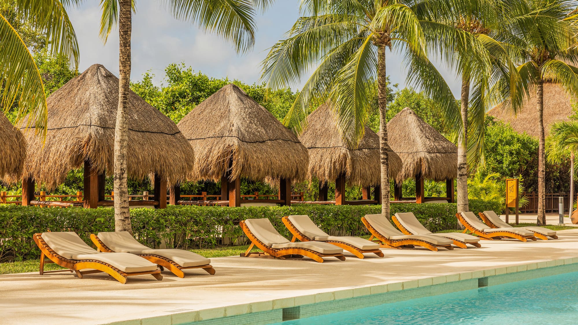 Tropical resort pool with lounge chairs, thatched huts, and palm trees.