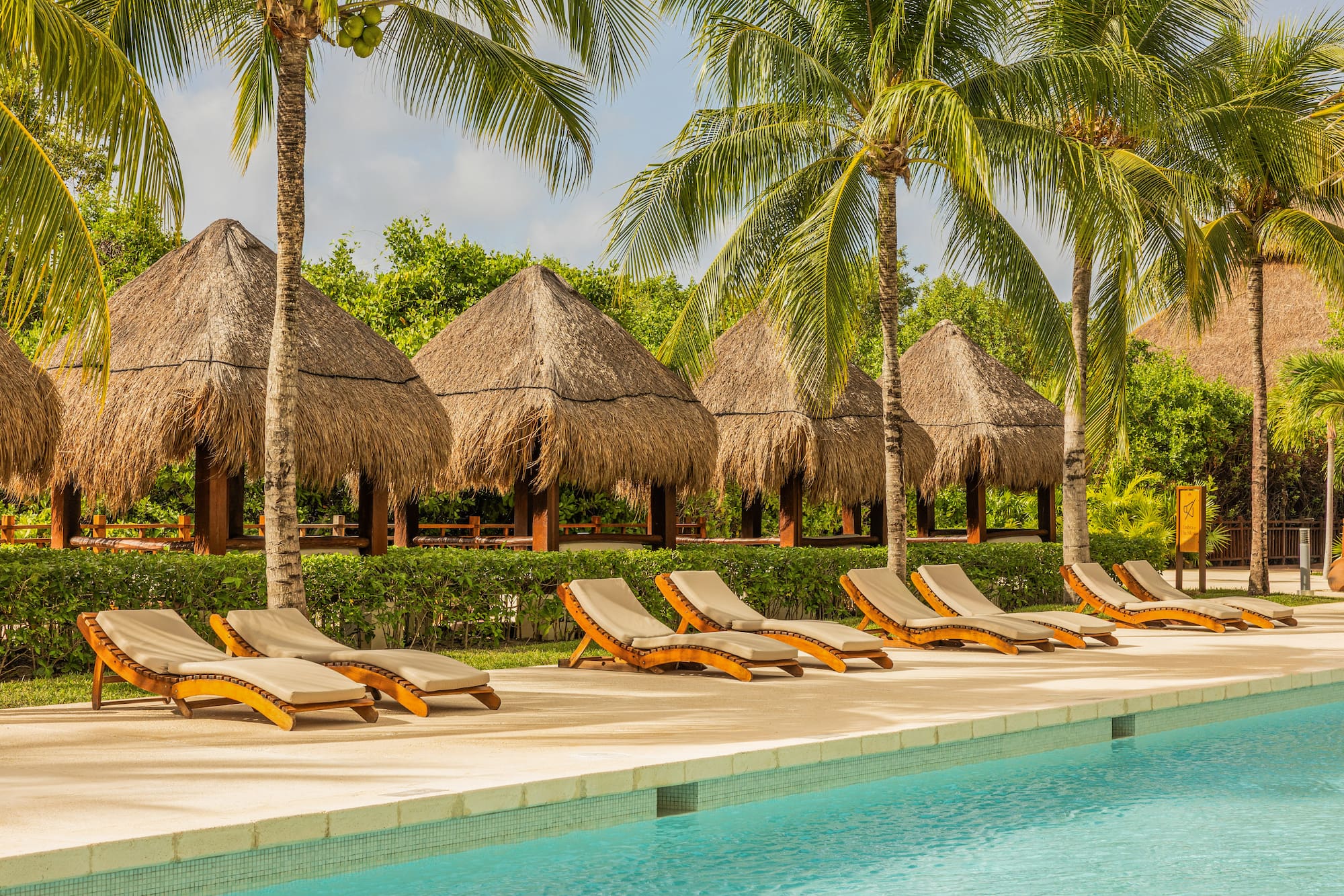 Tropical resort pool with lounge chairs, thatched huts, and palm trees.