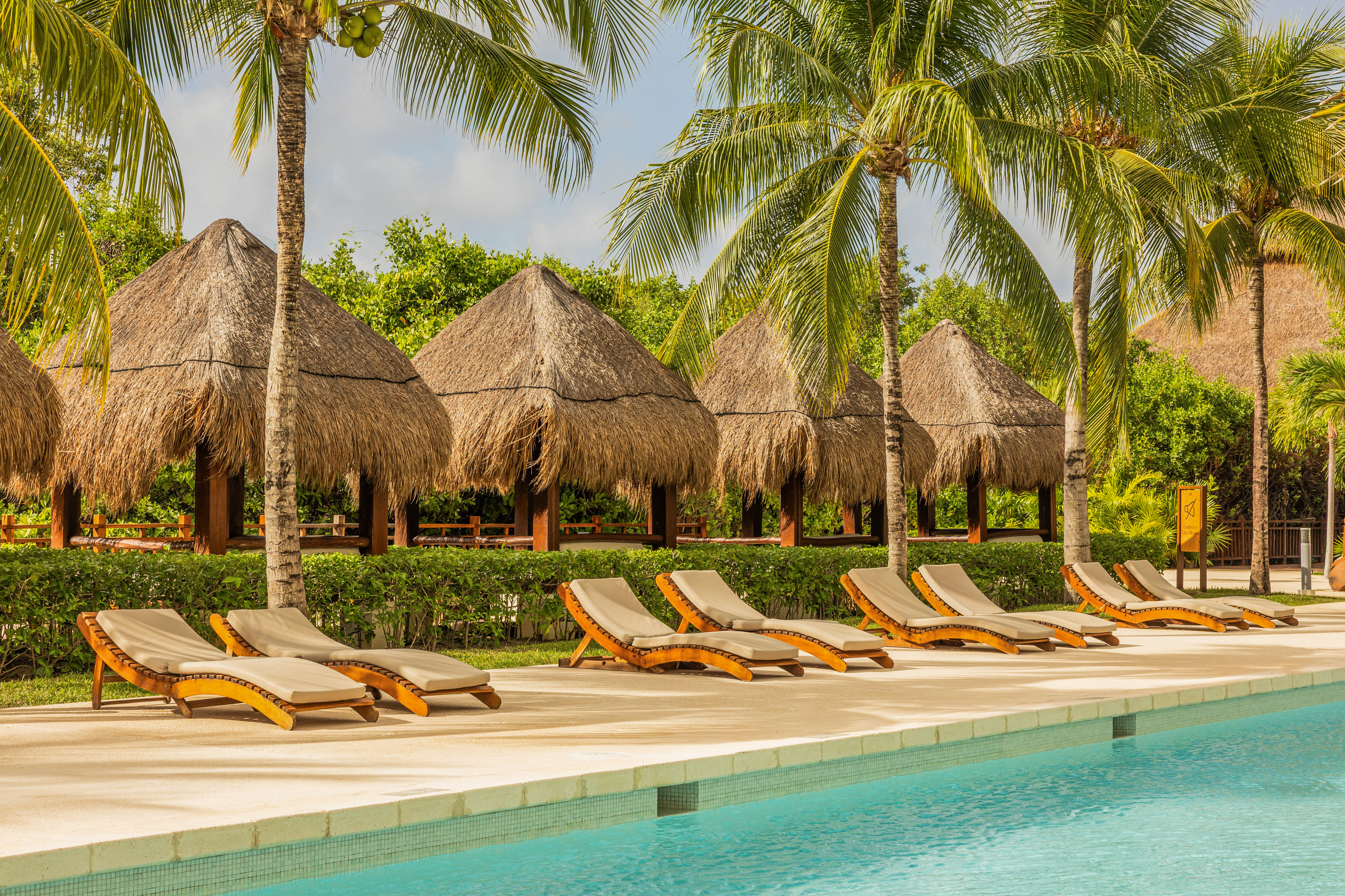 Tropical resort pool with lounge chairs, thatched huts, and palm trees.