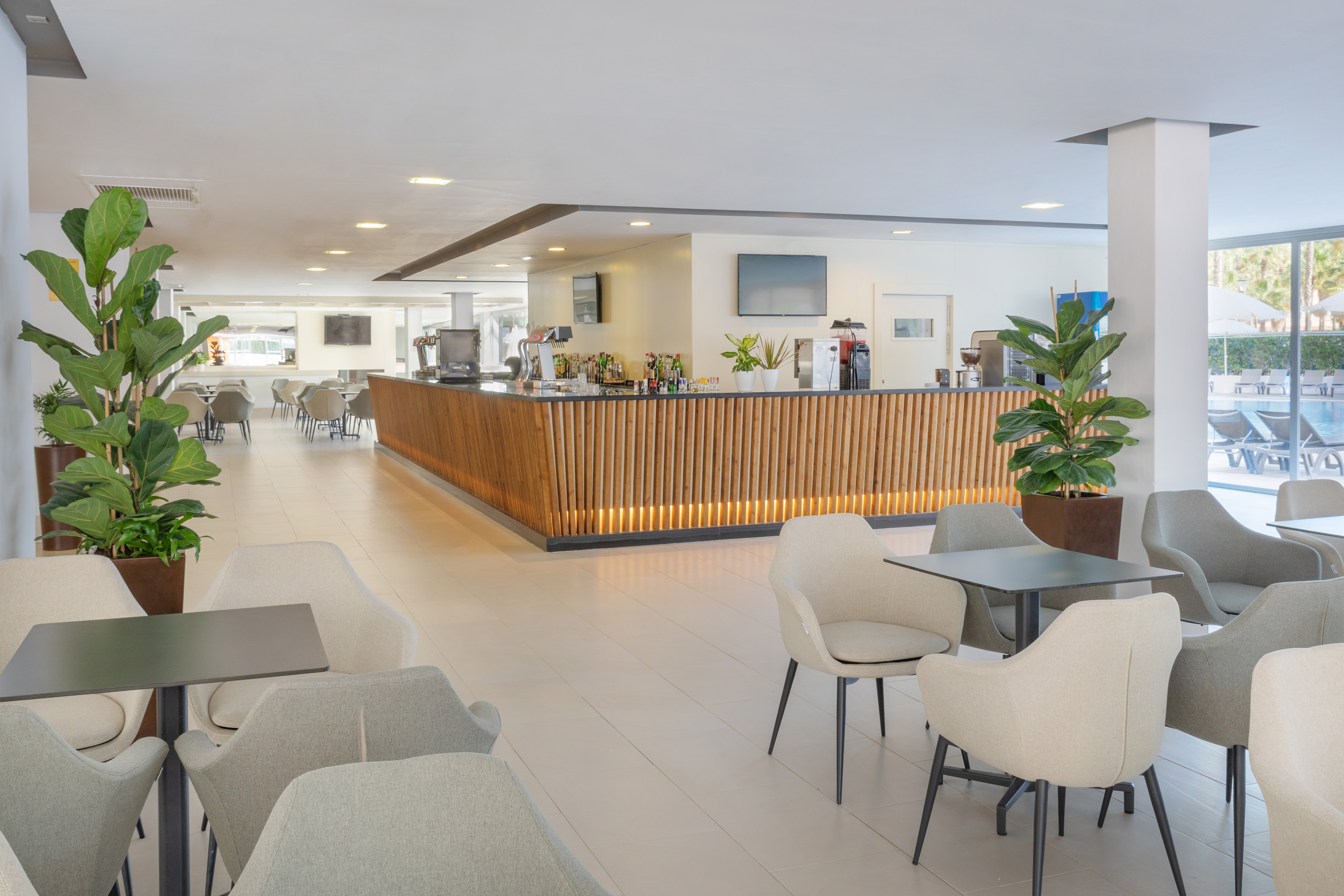 Modern hotel lounge bar with comfortable seating, plants, and pool view.