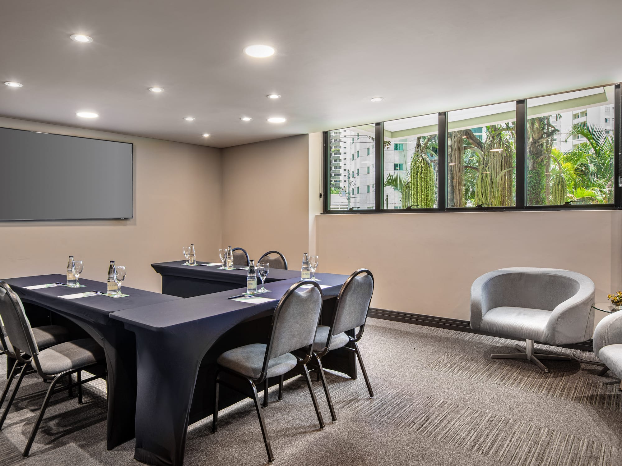 a room with a table and chairs