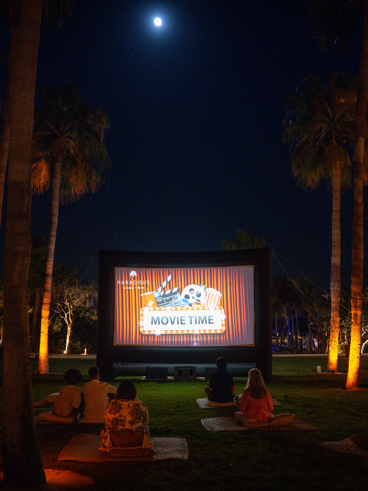 a group of people sitting on the grass watching a movie