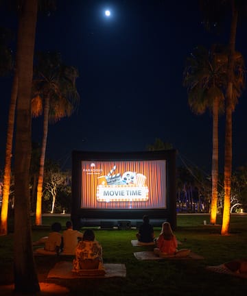 a group of people sitting on the grass watching a movie