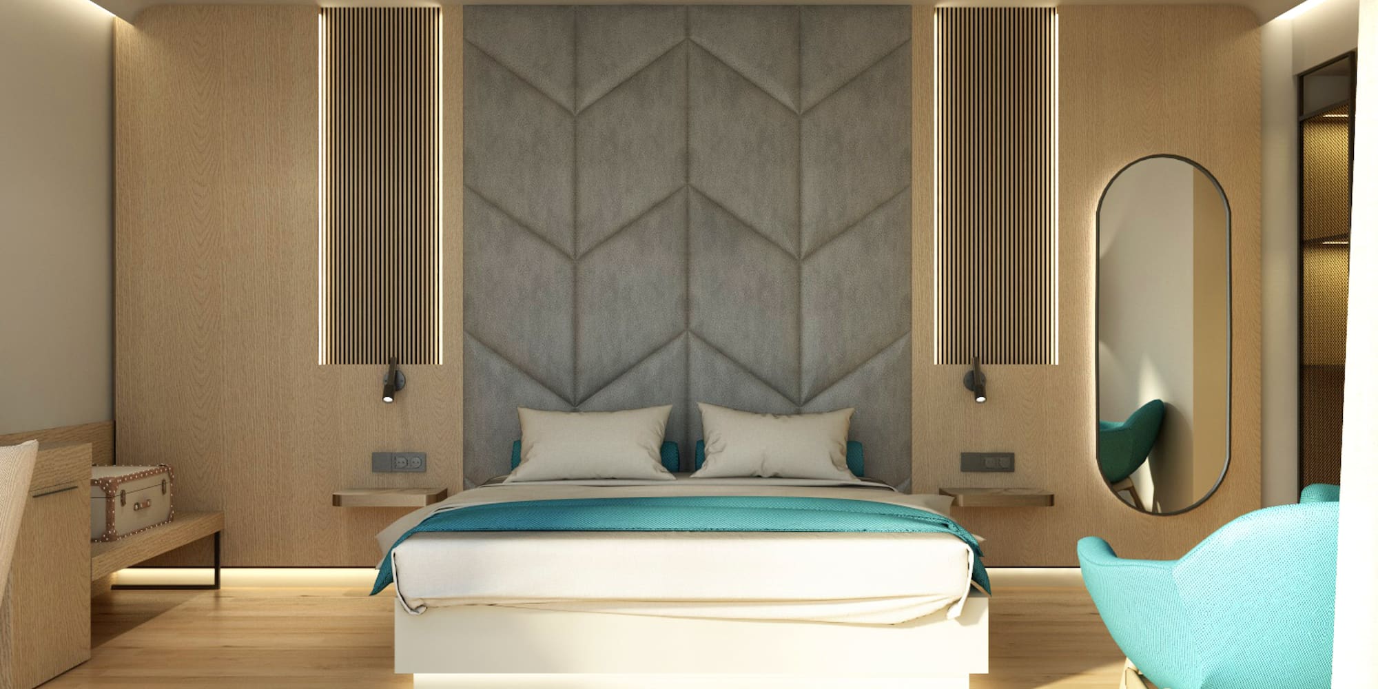 a room with a bed and a mirror