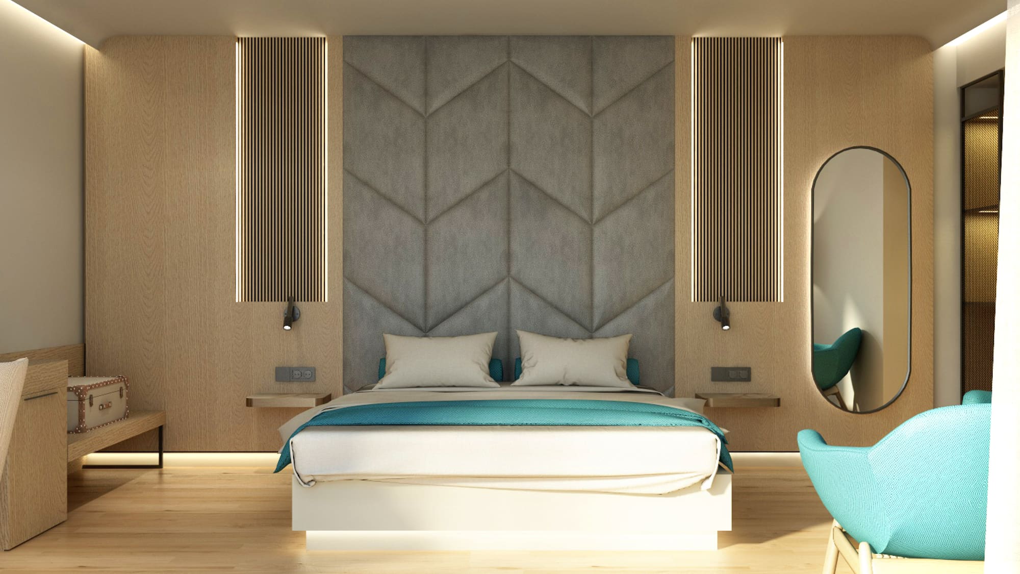 a room with a bed and a mirror