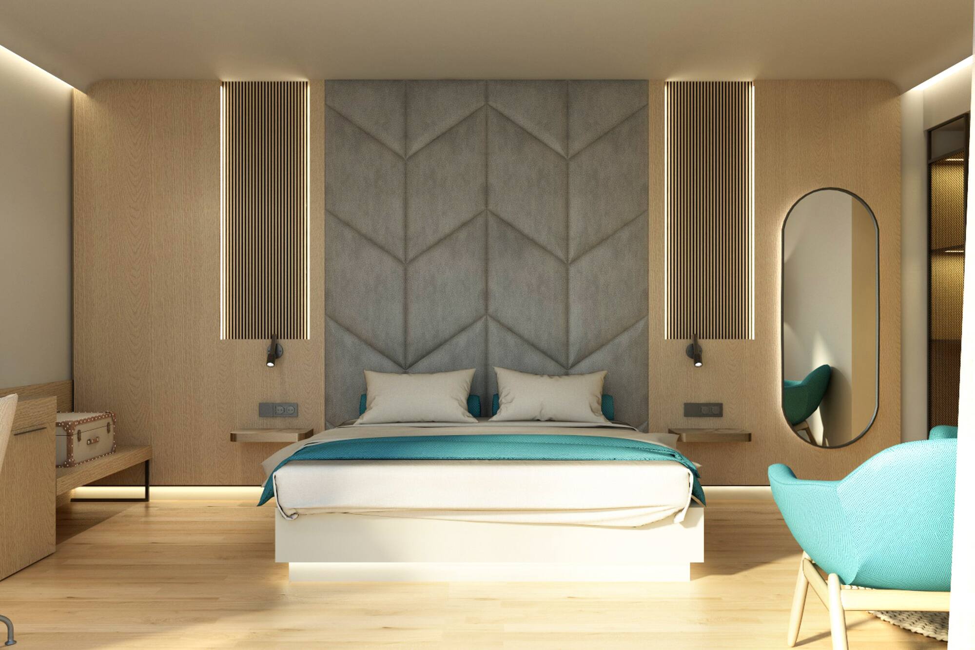 a room with a bed and a mirror