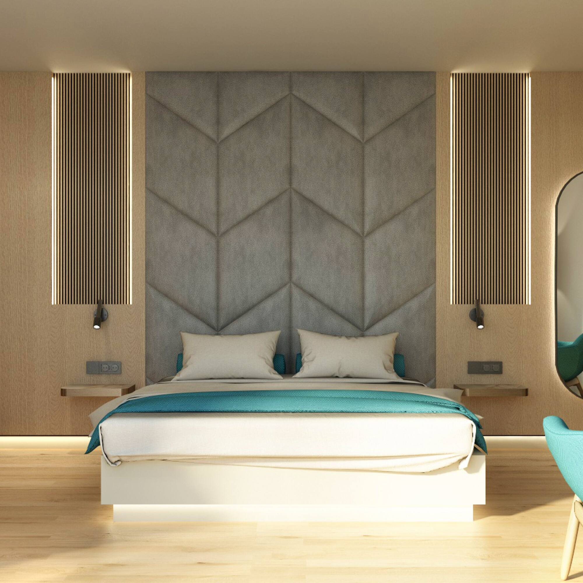 a room with a bed and a mirror