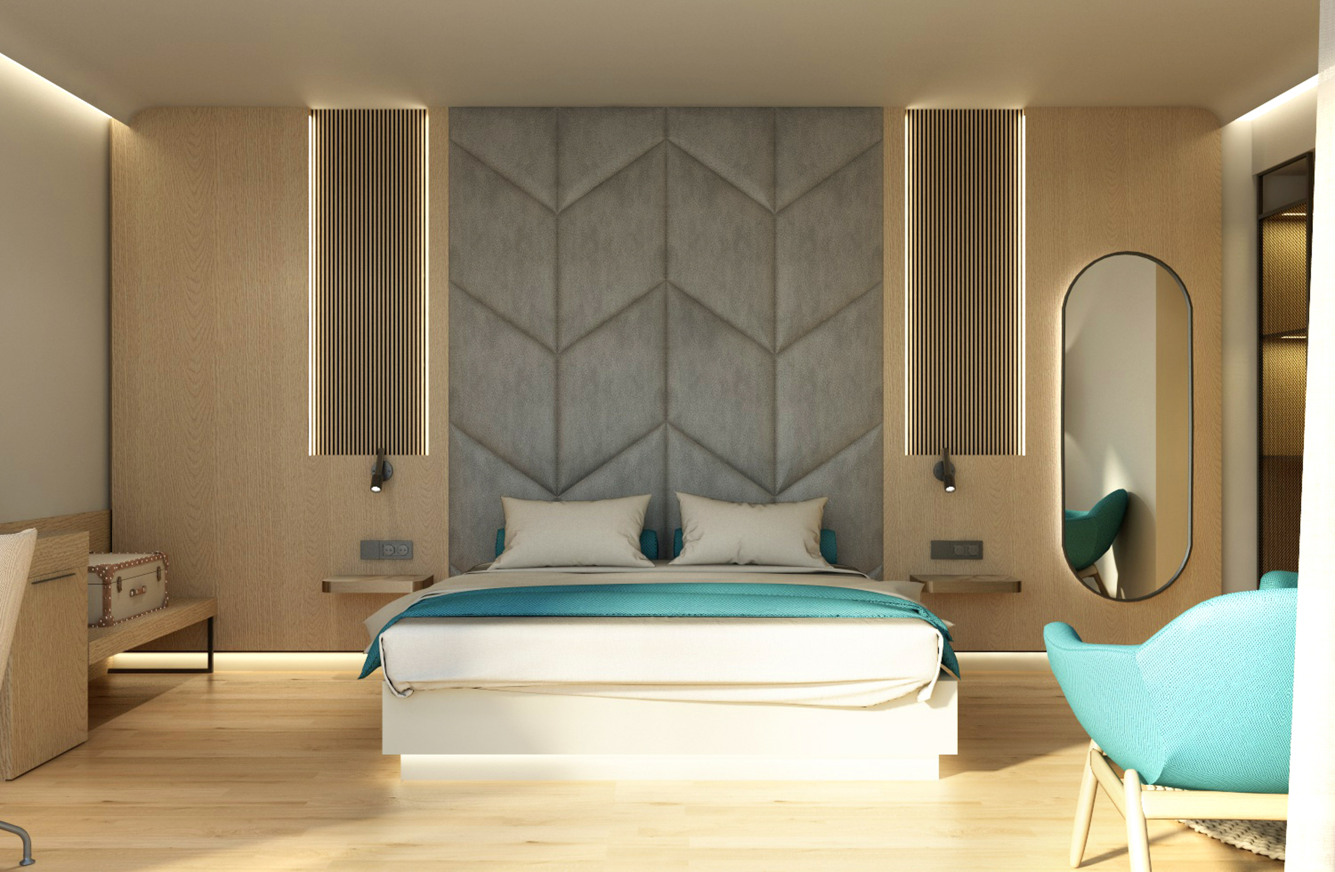 a room with a bed and a mirror