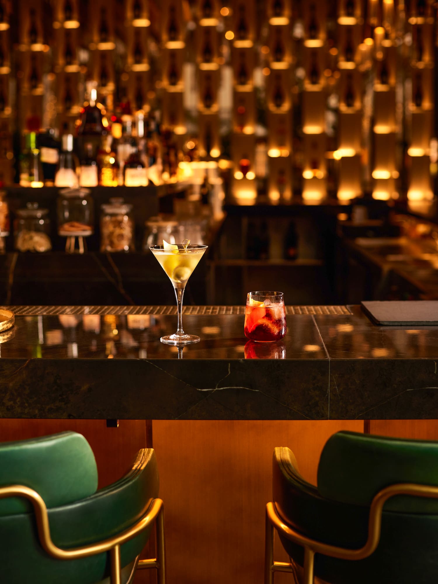 a martini glass on a bar