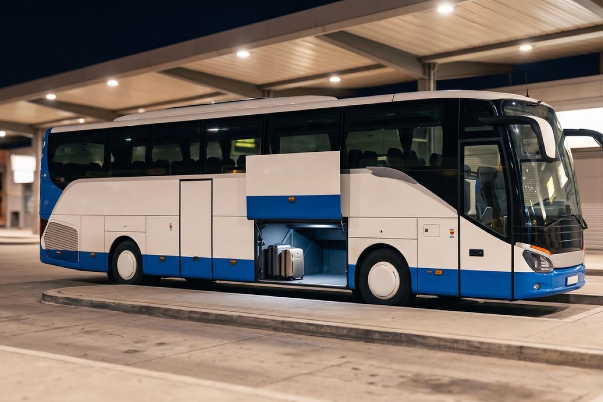 White and blue coach bus, open luggage compartment with suitcases.
