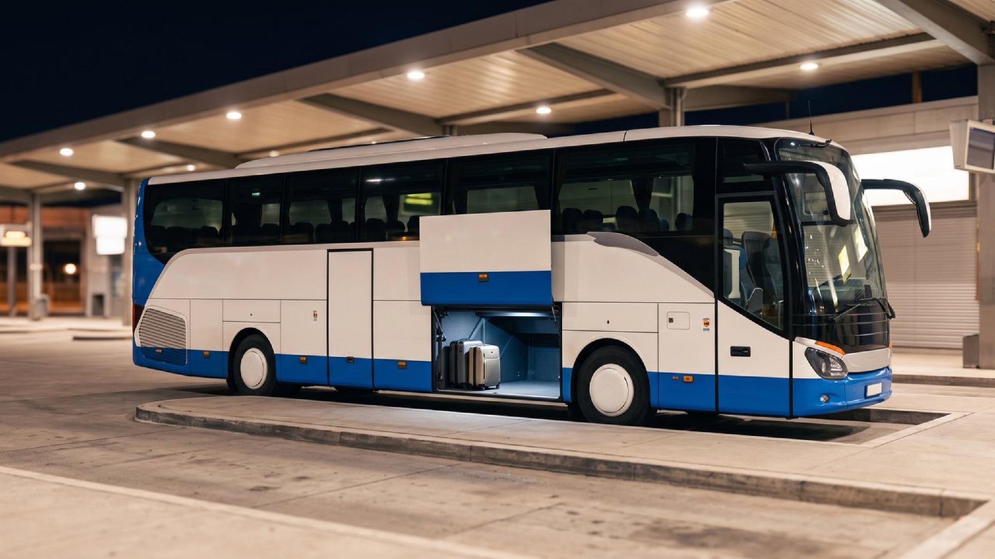White and blue coach bus, open luggage compartment with suitcases.