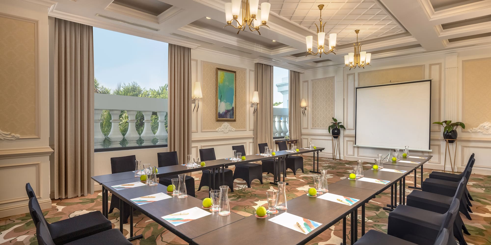 a room with tables and chairs