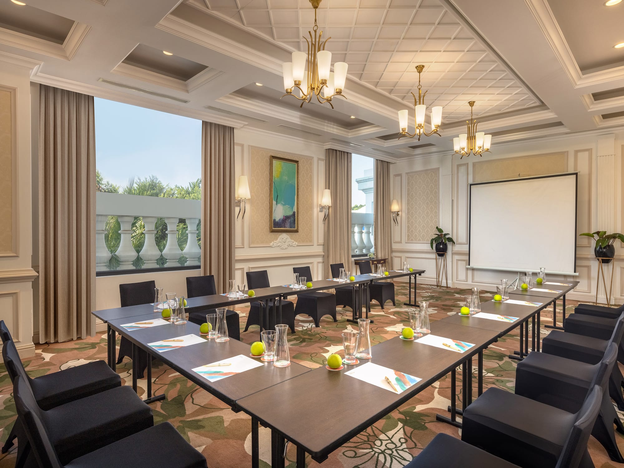 a room with tables and chairs