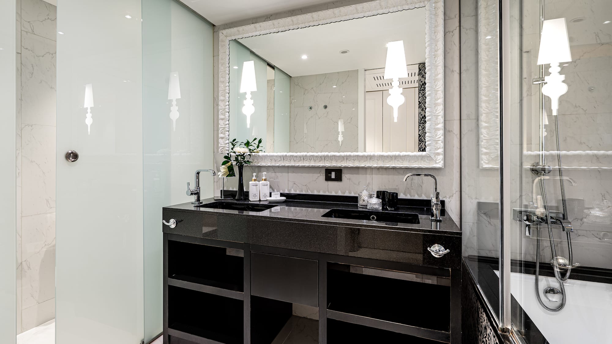 a bathroom with a mirror and sink