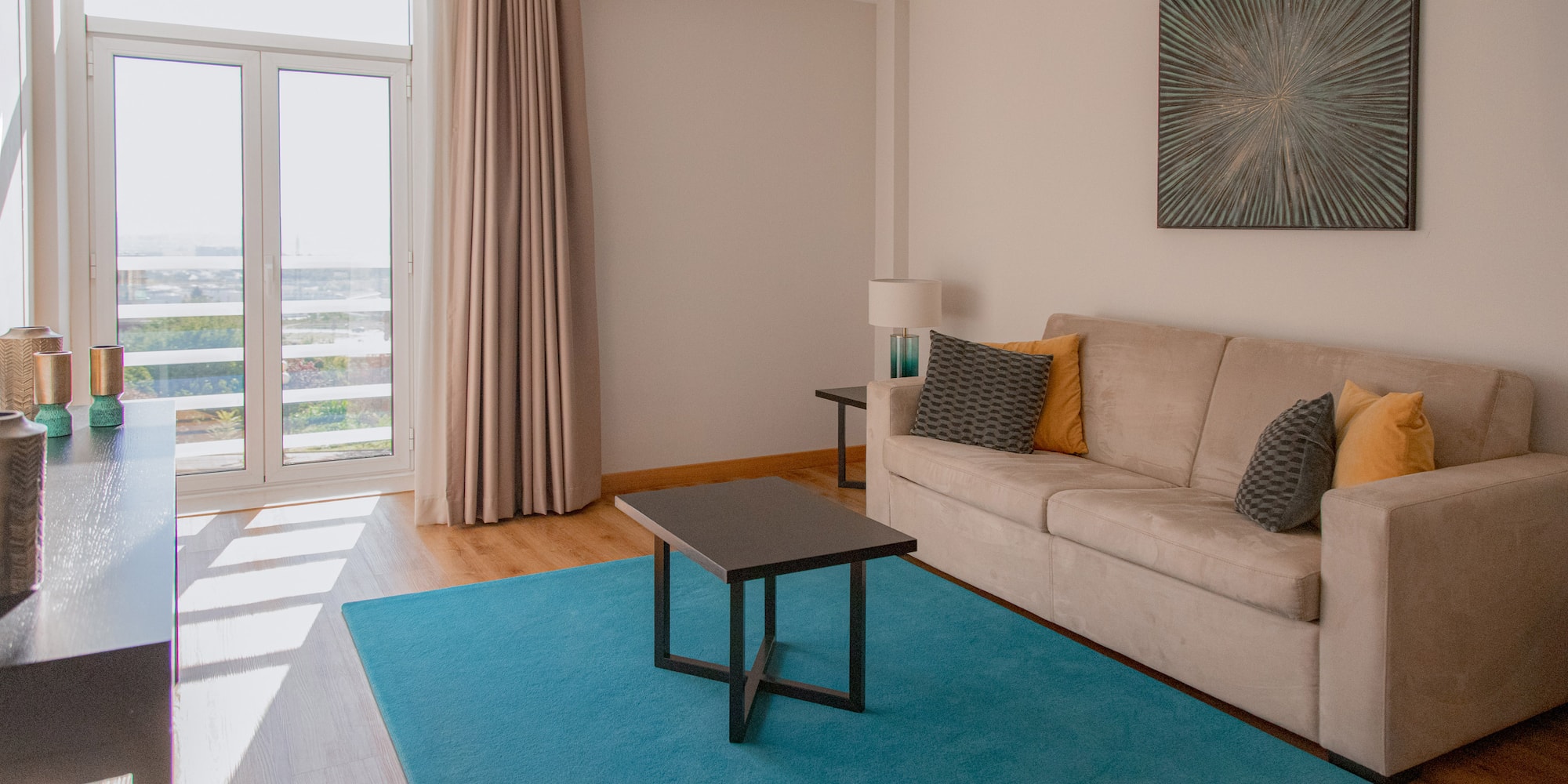 a living room with a couch and a coffee table