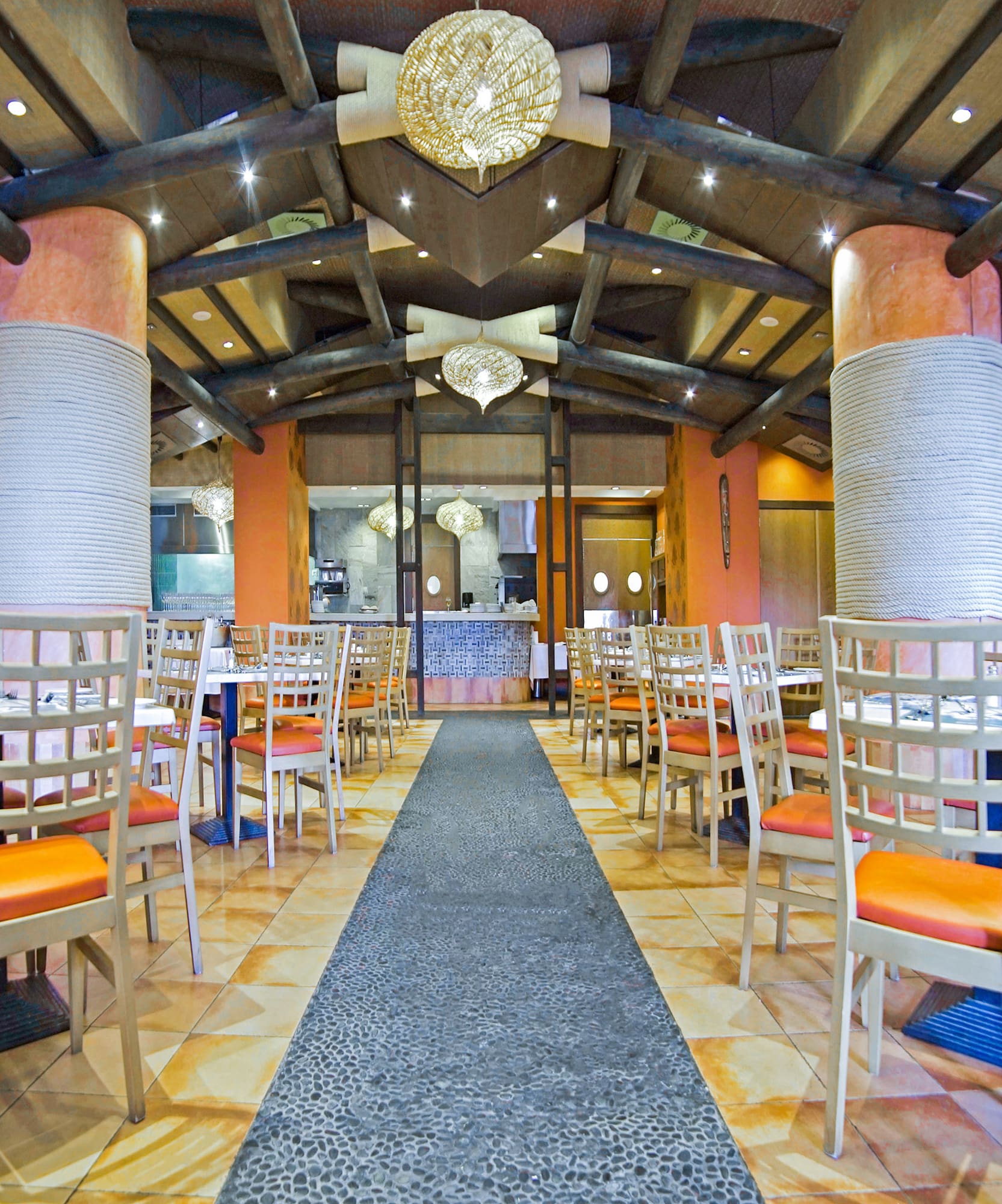 a room with tables and chairs