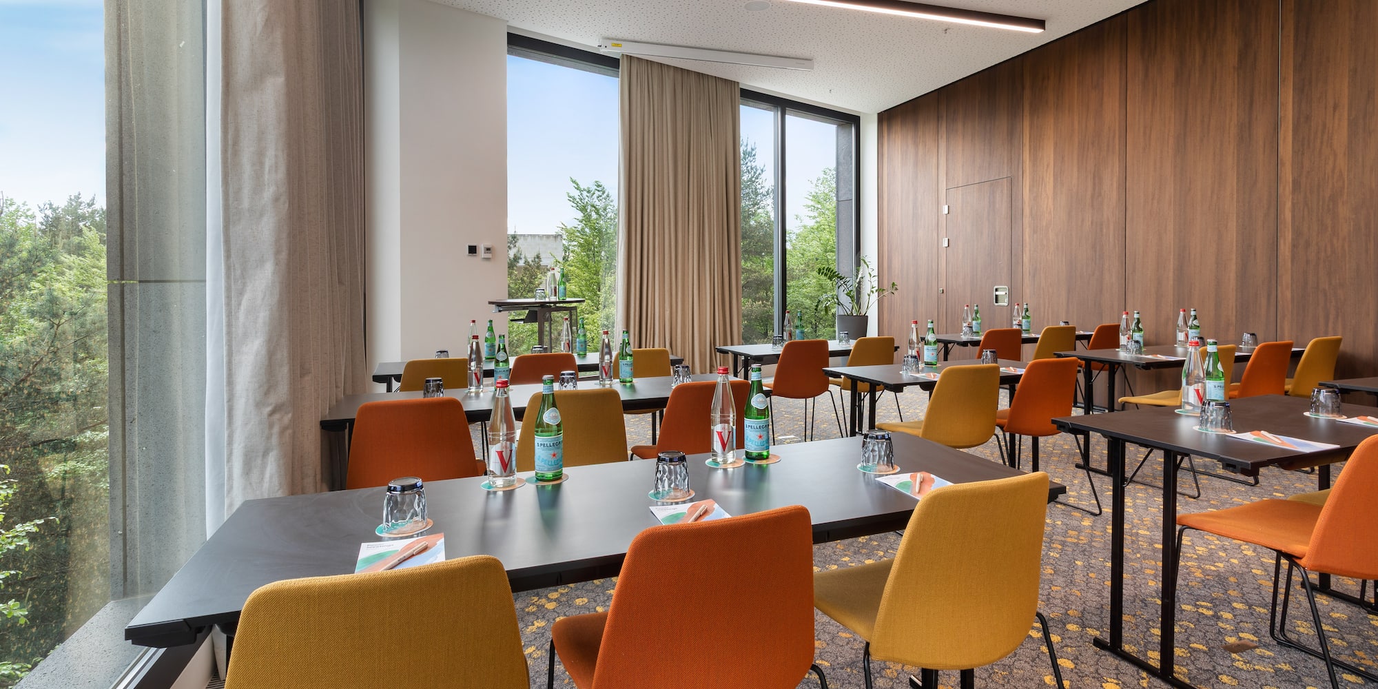 a room with tables and chairs