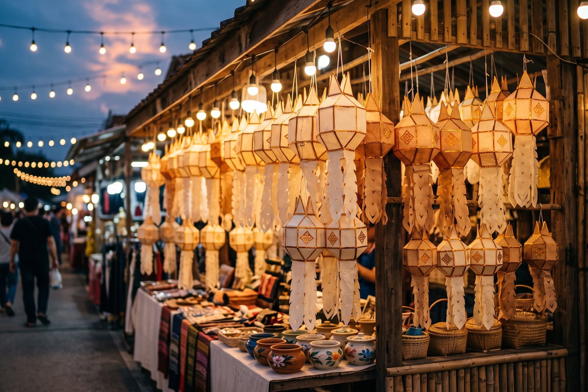 Lanna lanterns illuminate a vibrant night market stall with traditional crafts.