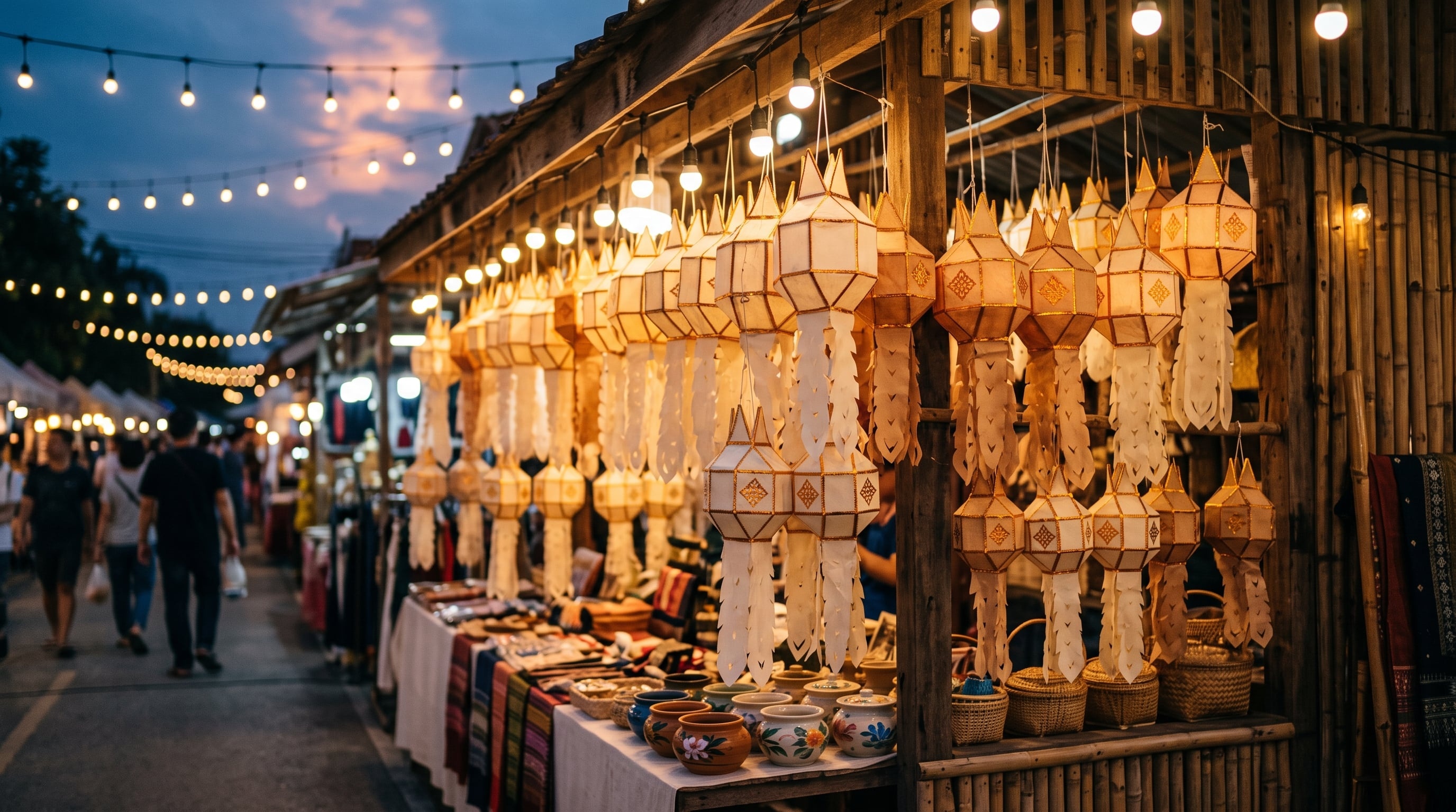 Lanna lanterns illuminate a vibrant night market stall with traditional crafts.