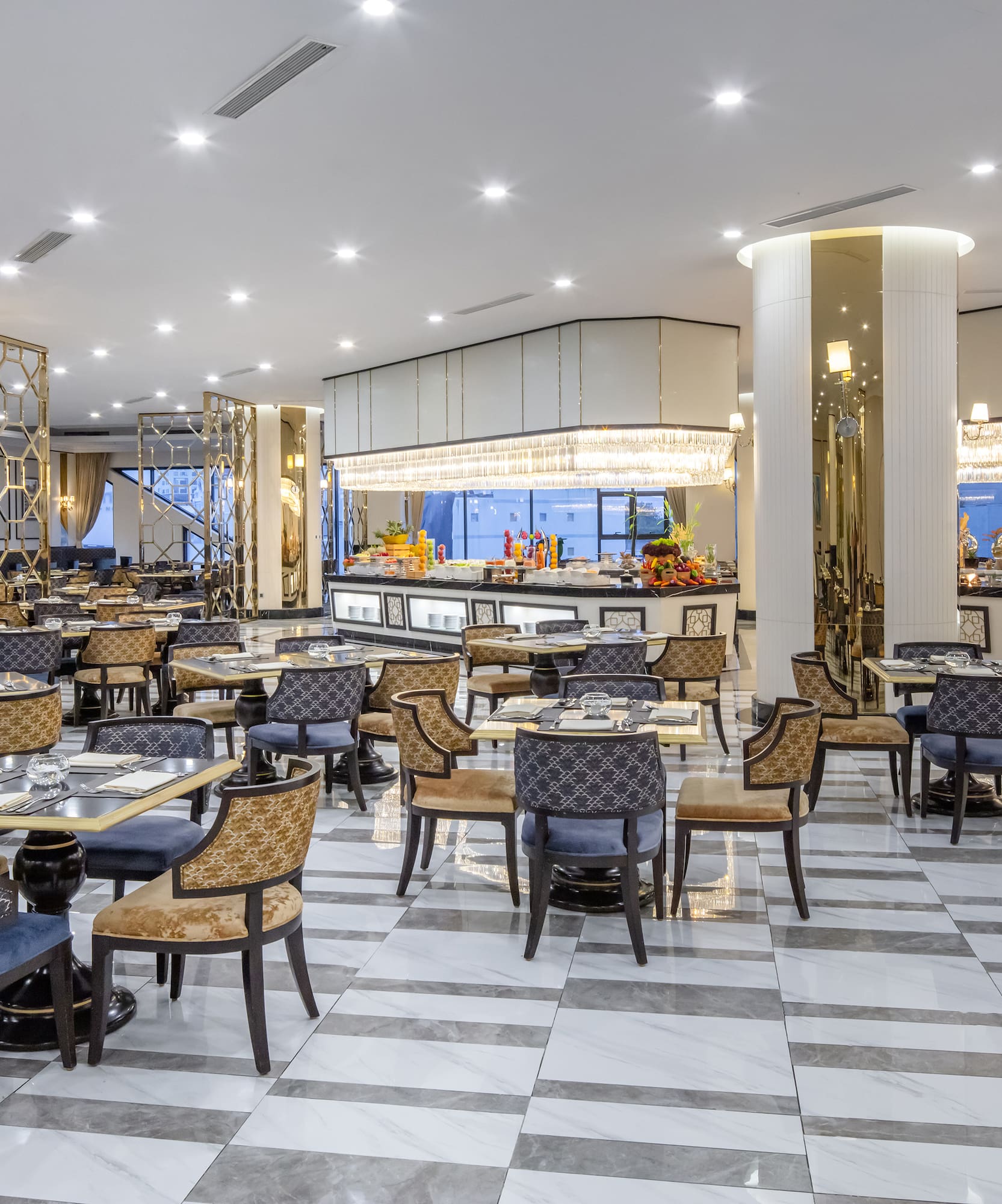 a large room with tables and chairs