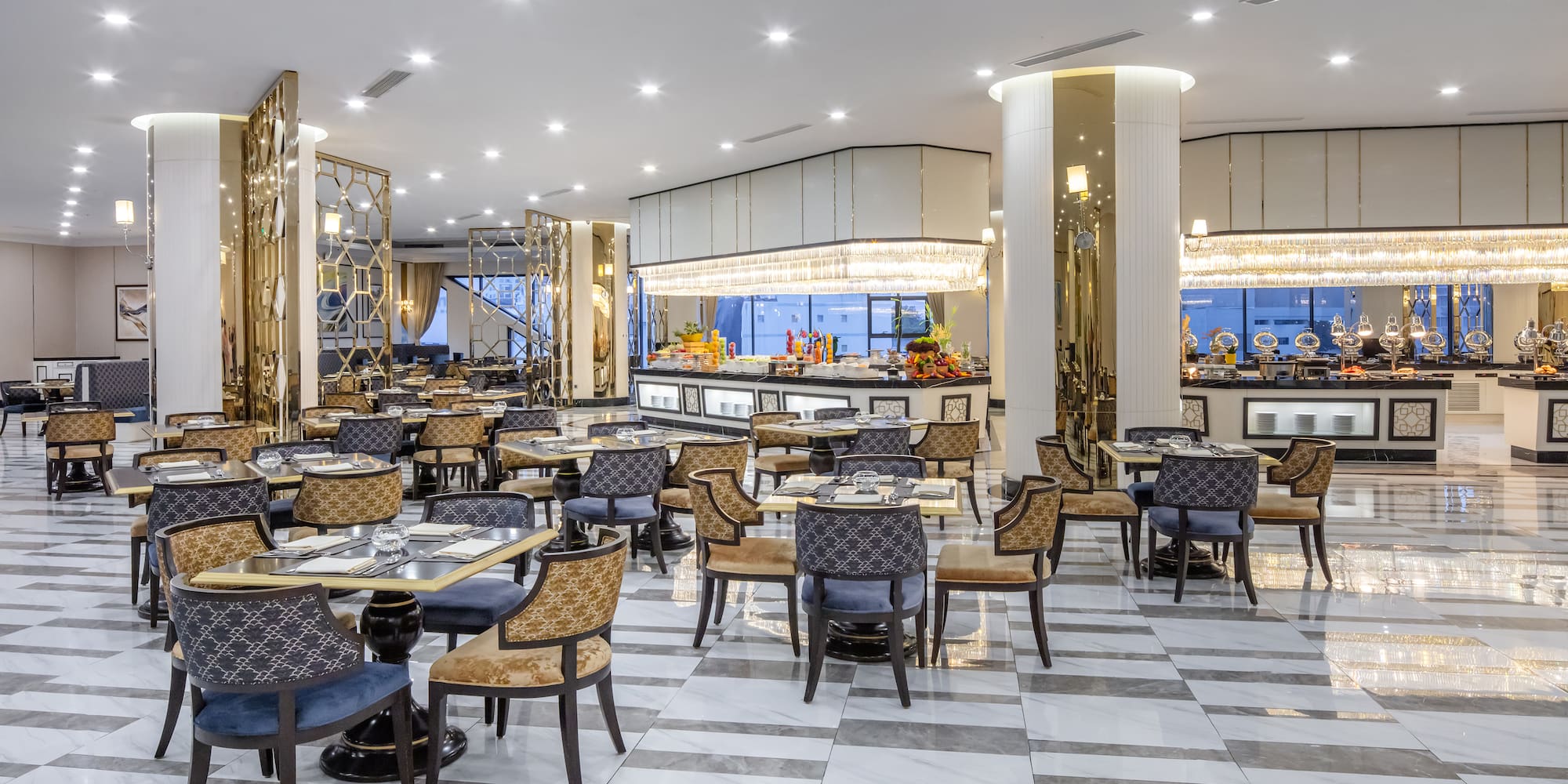 a large room with tables and chairs