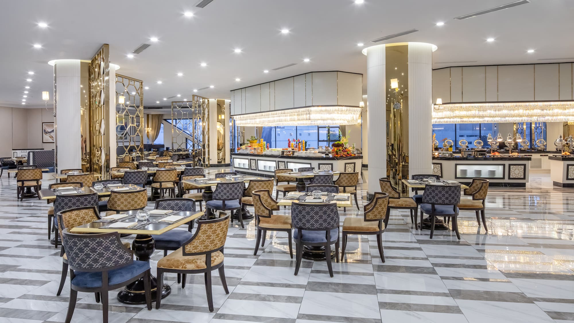 a large room with tables and chairs