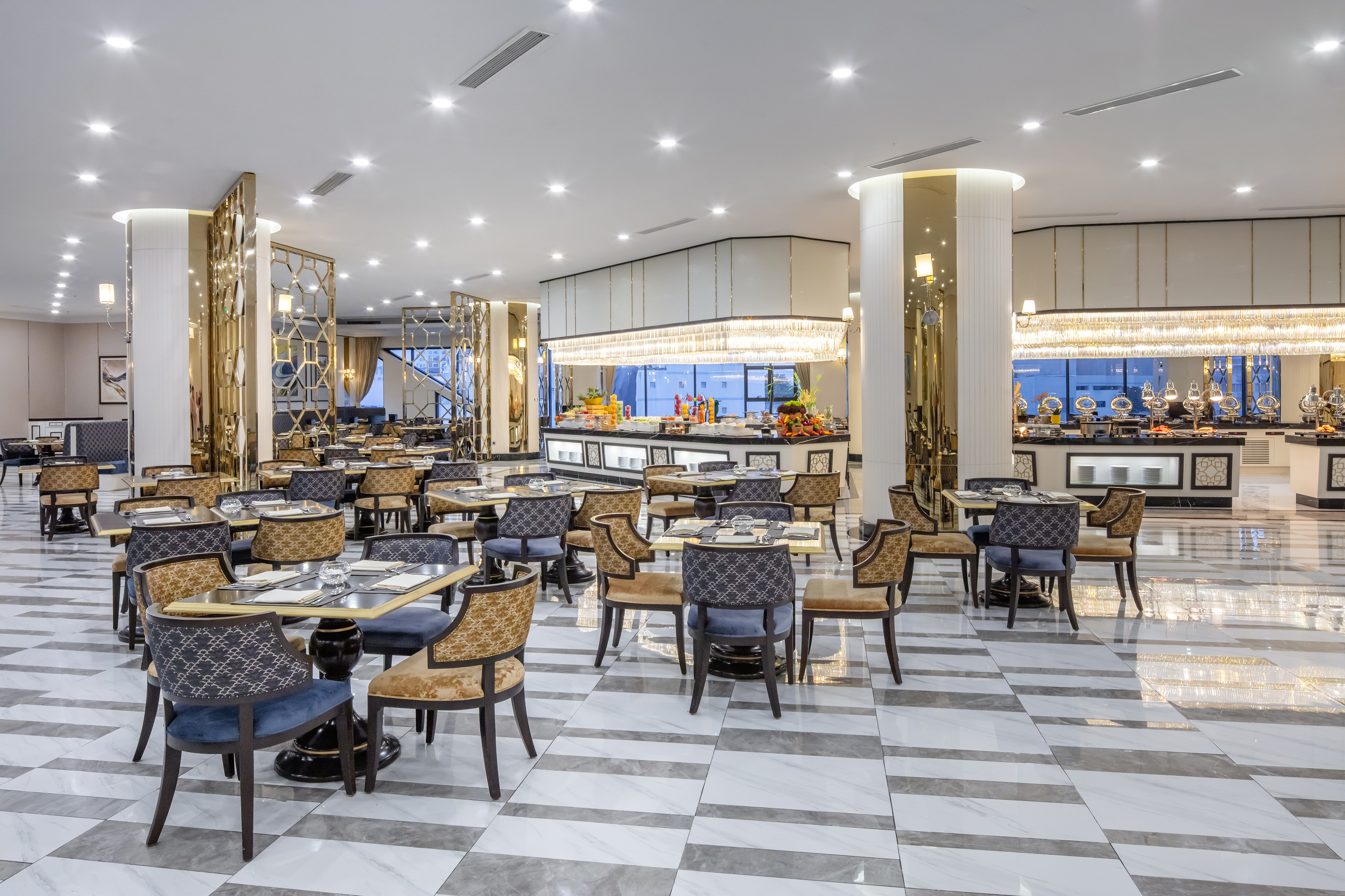 a large room with tables and chairs