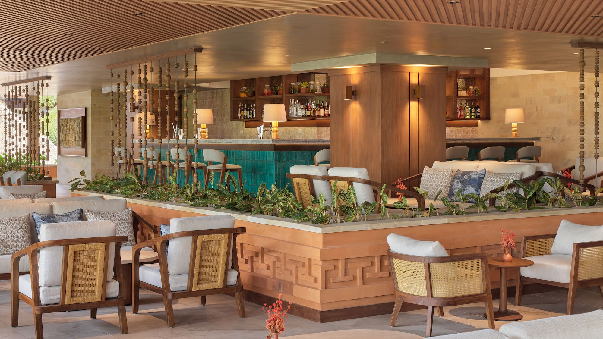 a bar with chairs and tables