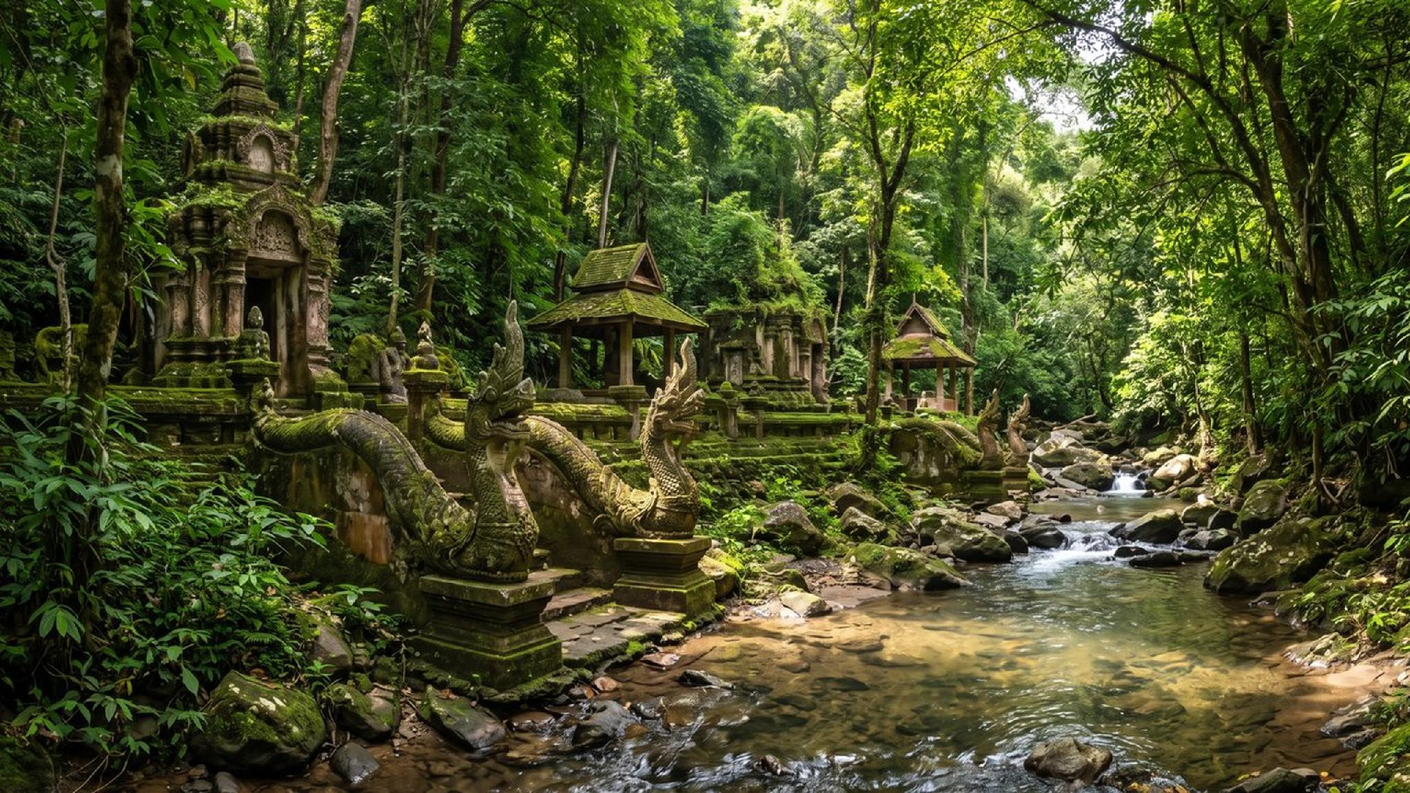 Ancient moss-covered temple in a lush jungle with Naga statues by a stream.