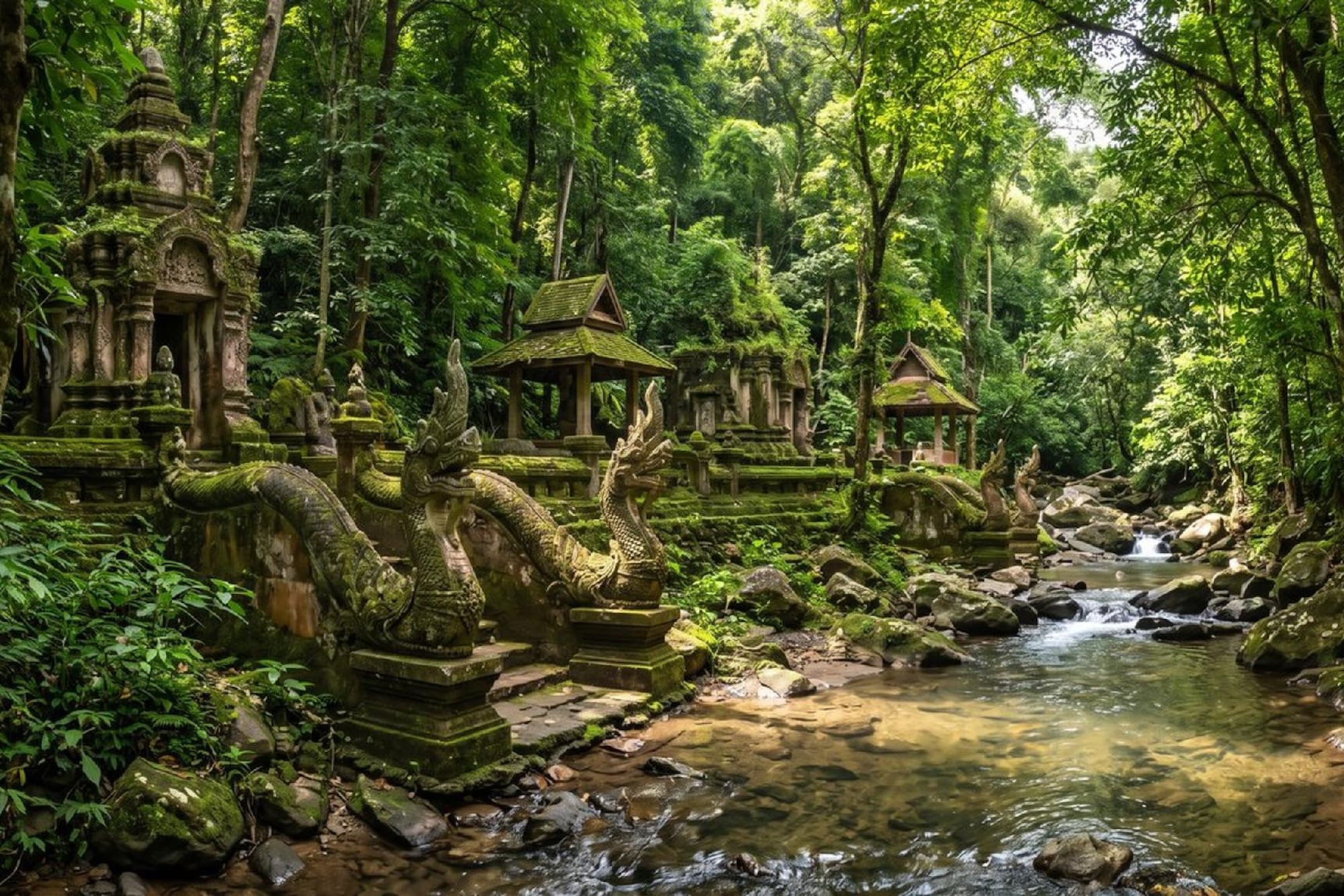 Ancient moss-covered temple in a lush jungle with Naga statues by a stream.
