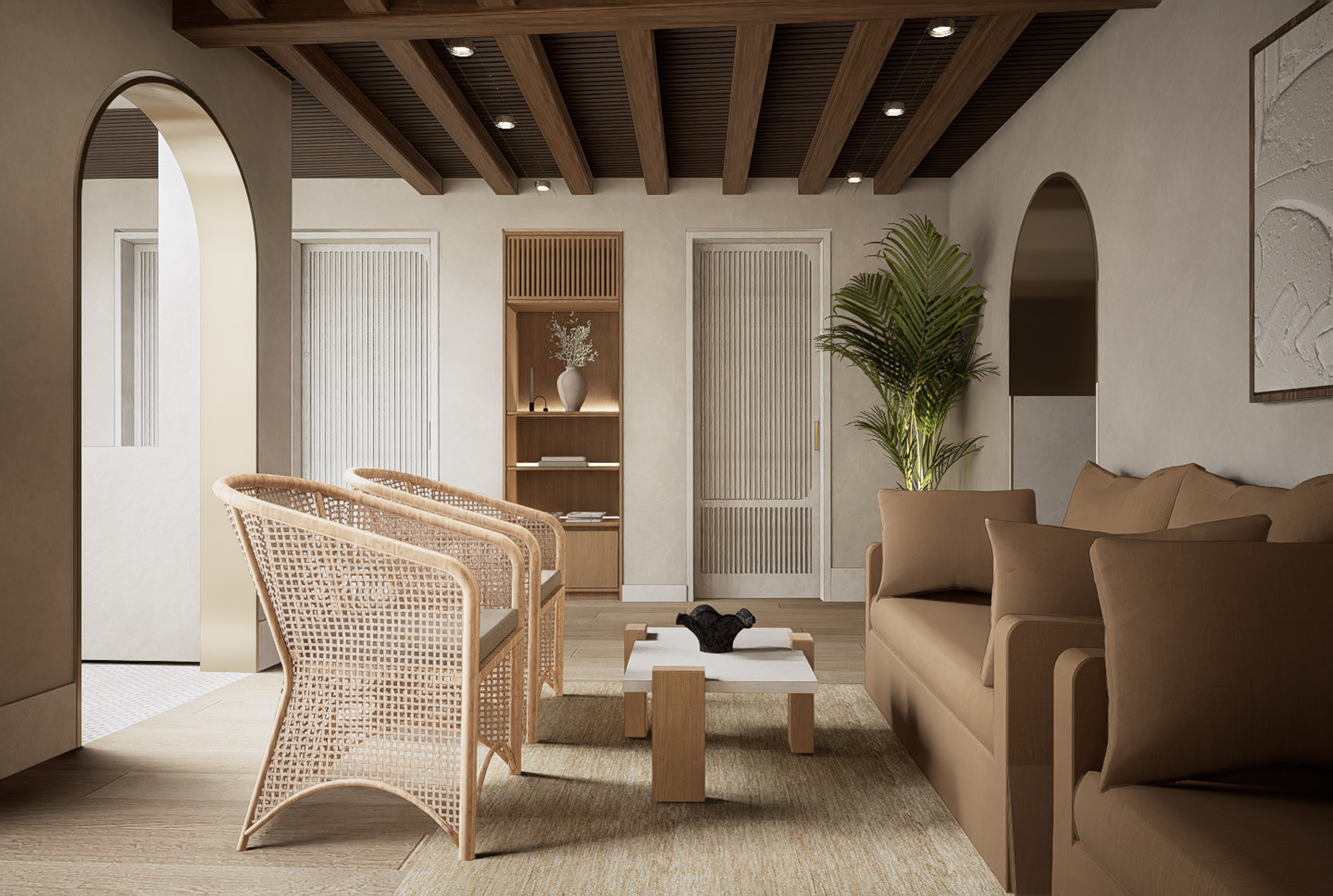 Modern lounge with rattan chairs, brown sofa, wood ceiling, and arched entry.