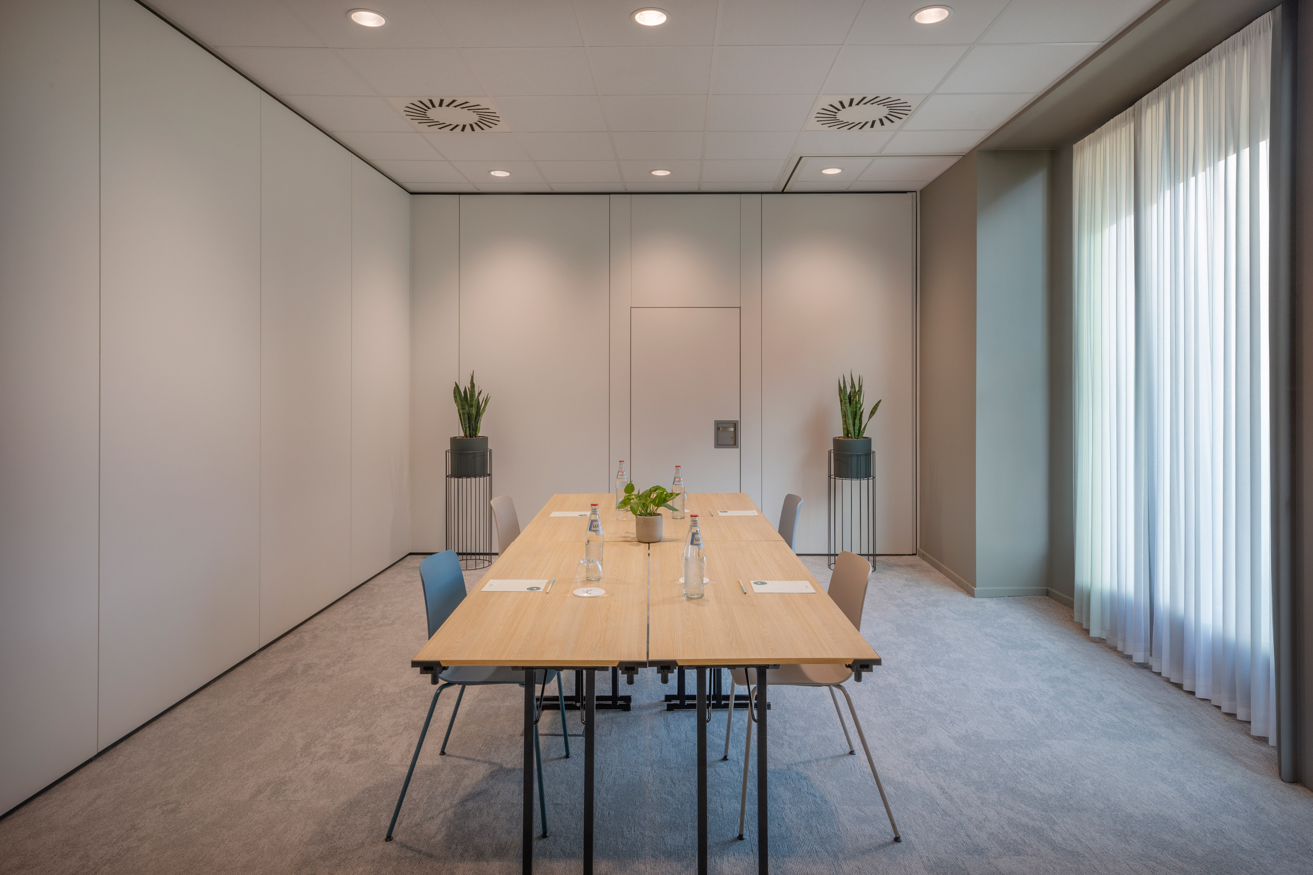Bright modern conference room with wood table, chairs, and plants.