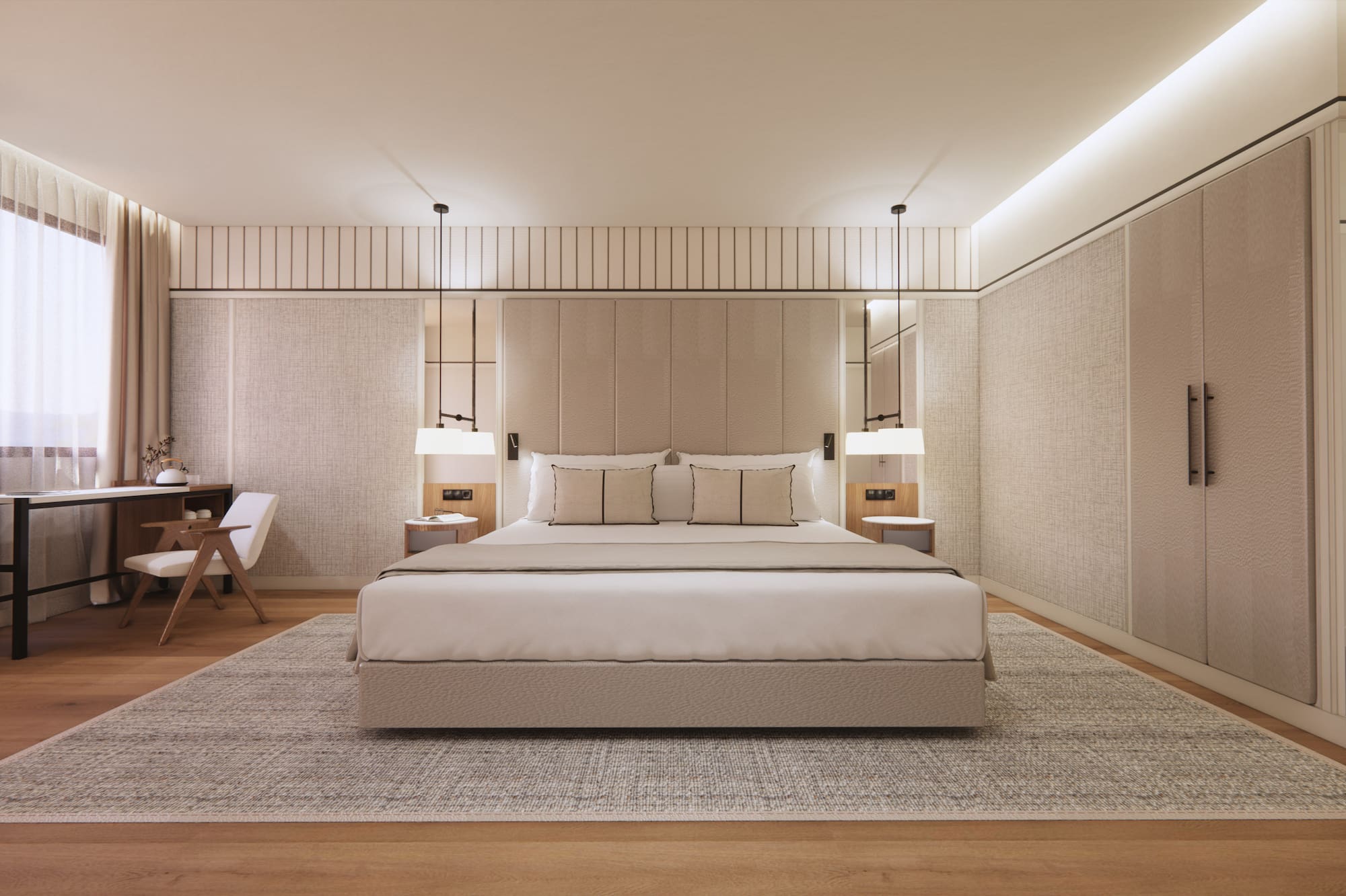 Dormitorio moderno en tonos neutros con cama grande y escritorio. - Superior Room con Balcón - Hotel Golf Santa Ponsa Meliá Collection, Mallorca
