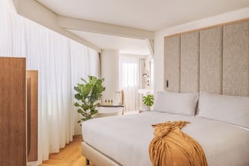 a bedroom with a bed and a plant