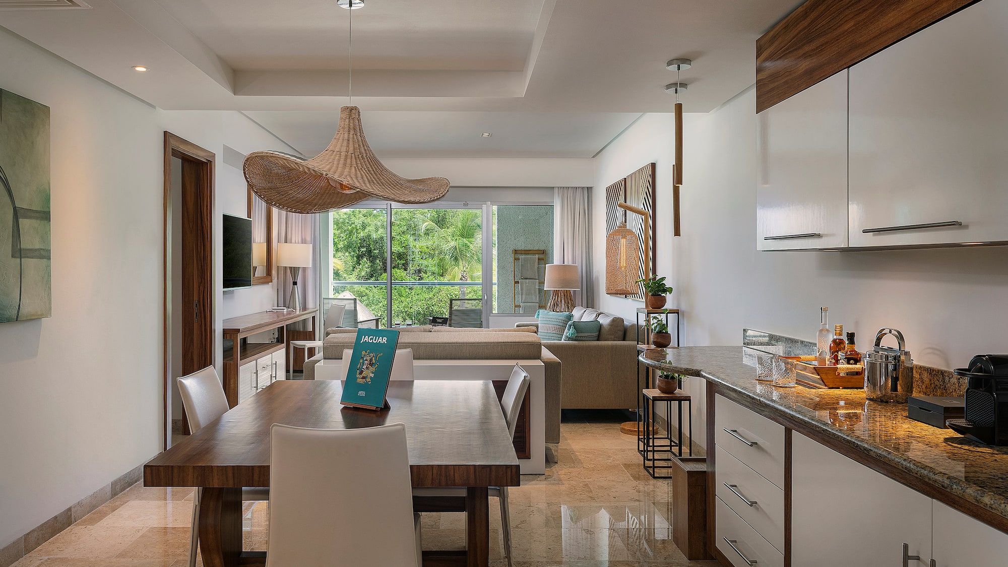 a room with a table and chairs