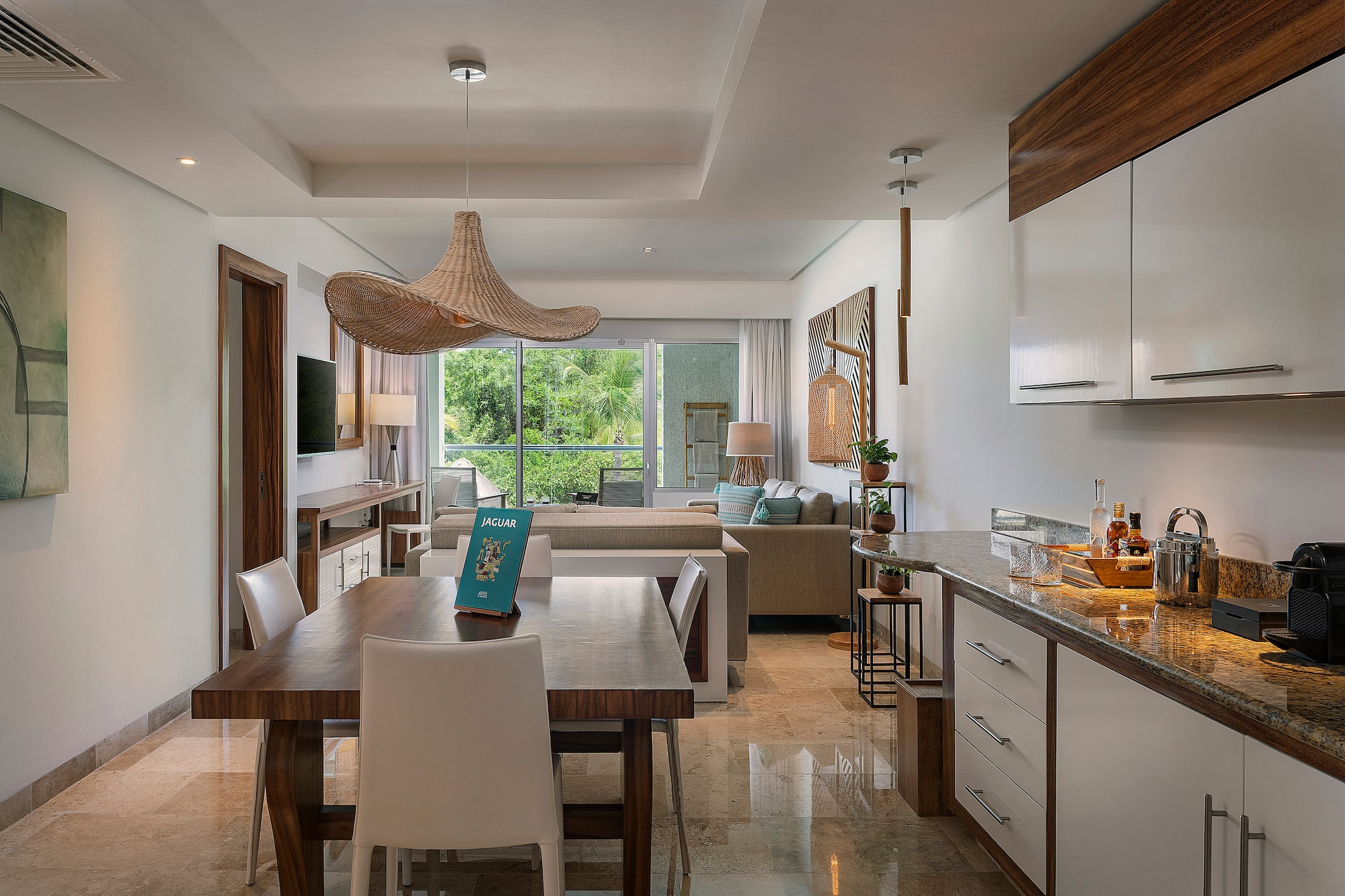 a room with a table and chairs