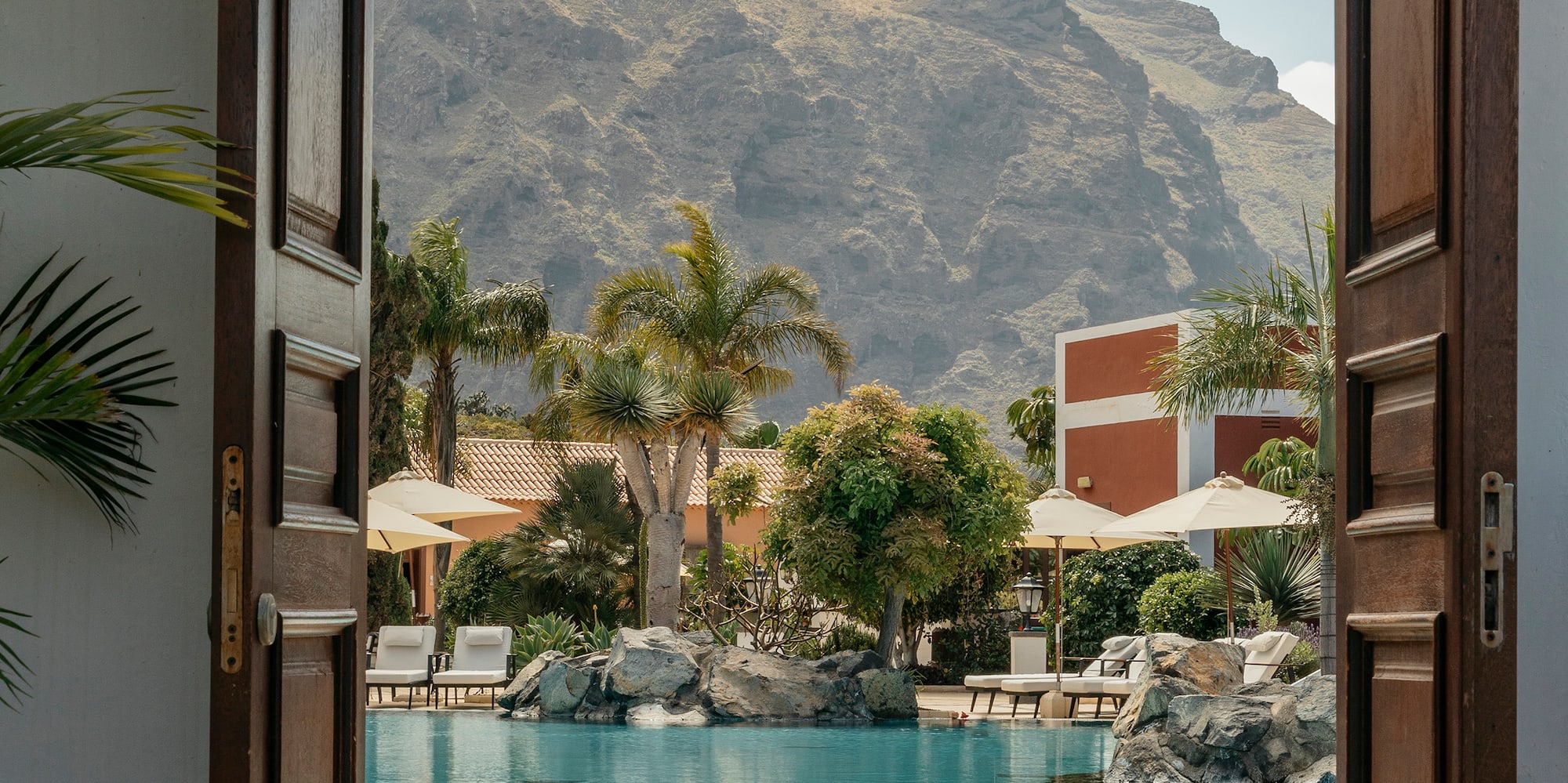 a door open to a pool