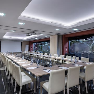 a room with a large table and chairs