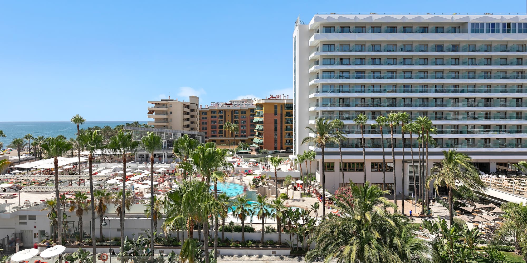 a pool and palm trees next to buildings