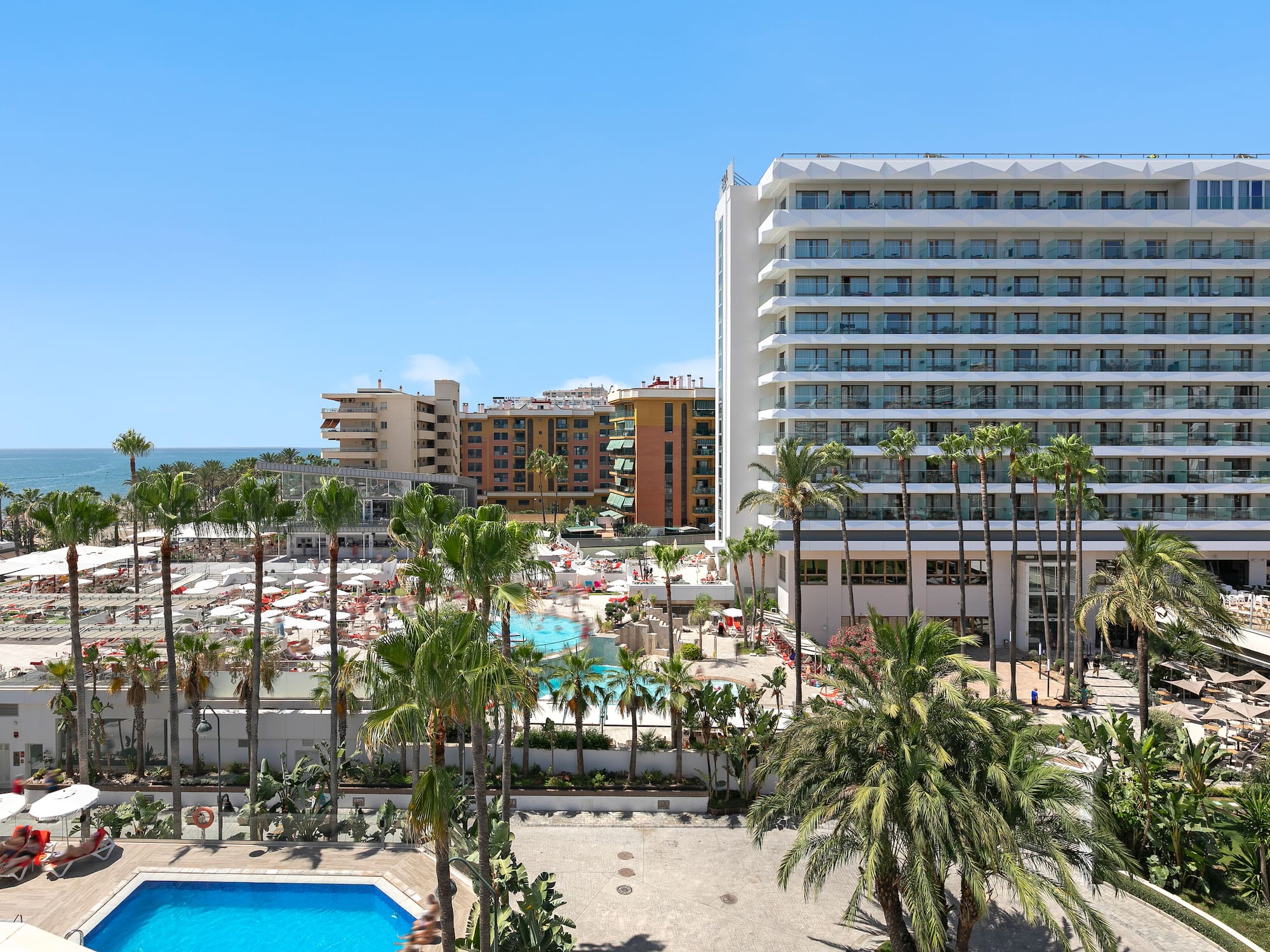 a pool and palm trees next to buildings