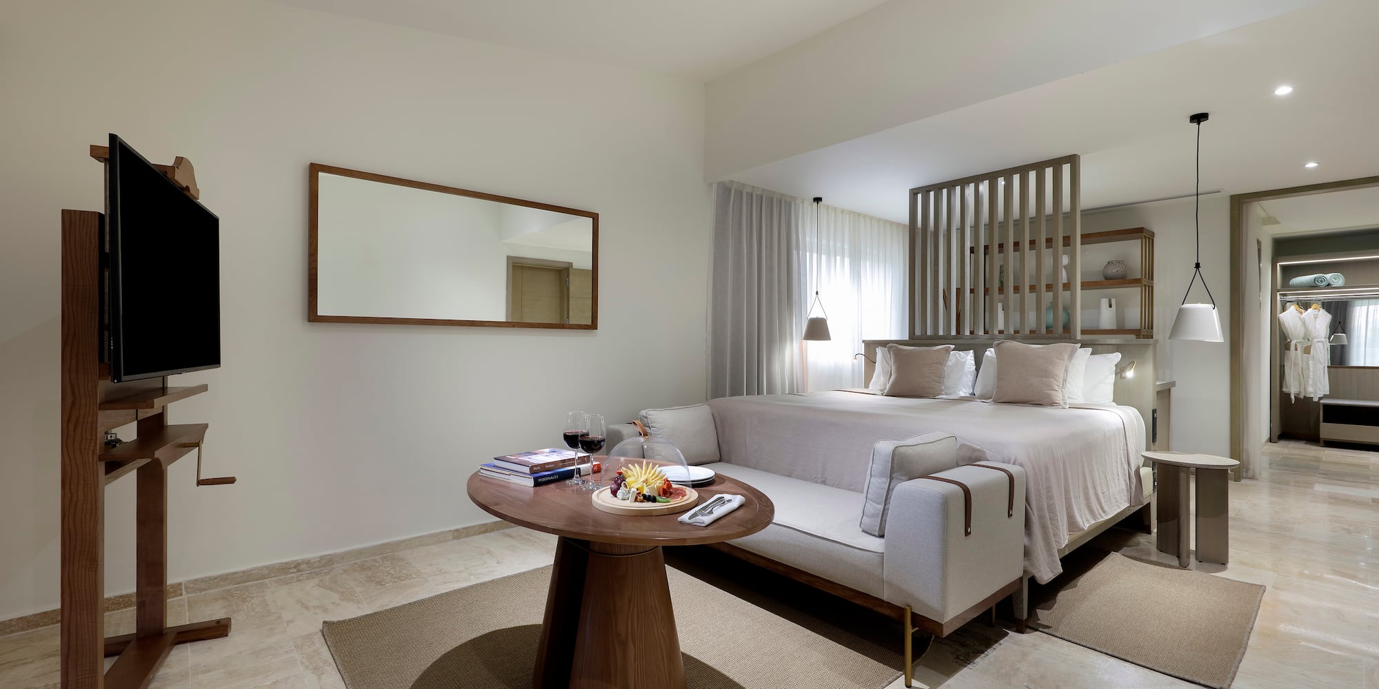 a room with a bed and a table