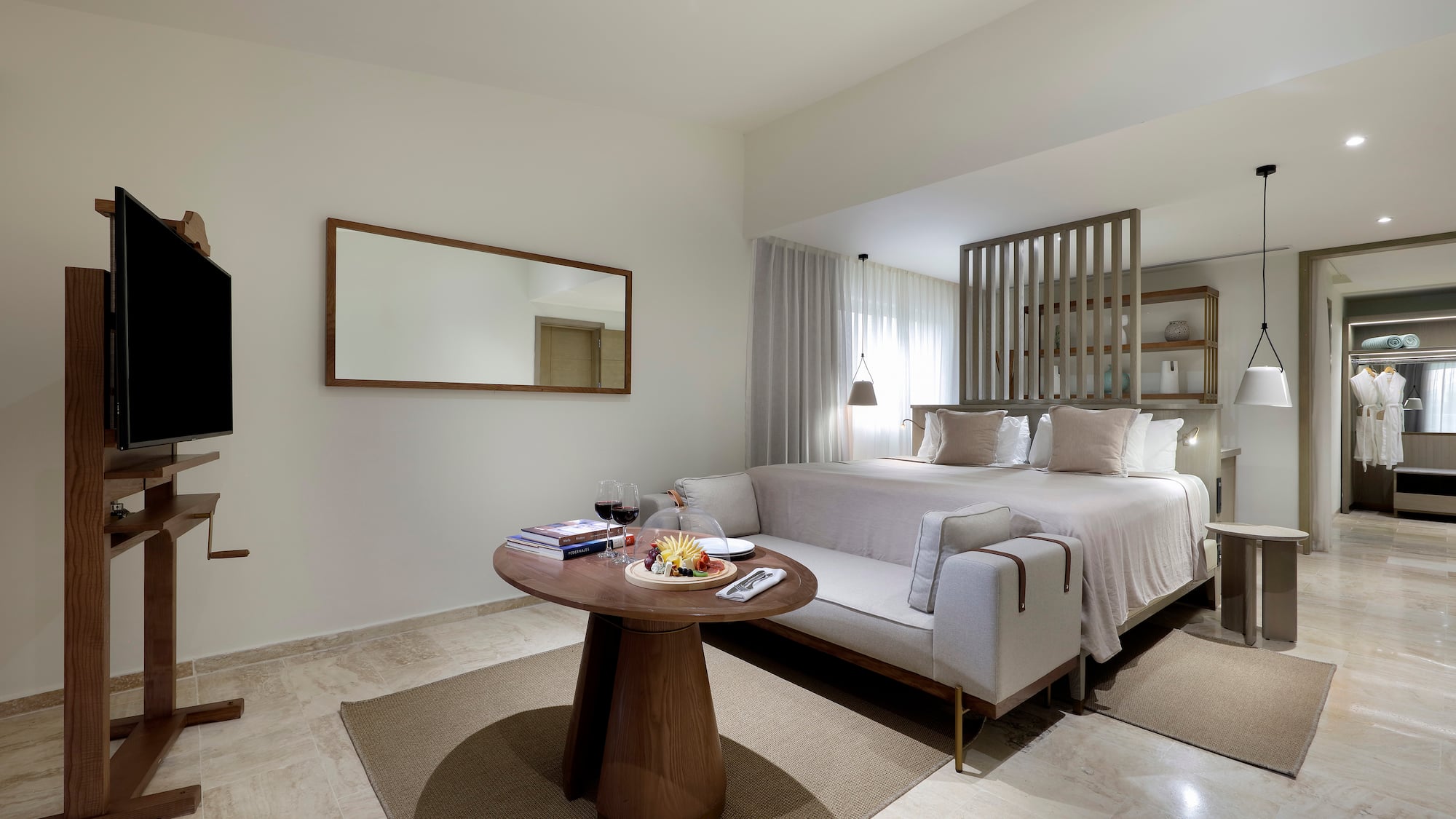 a room with a bed and a table