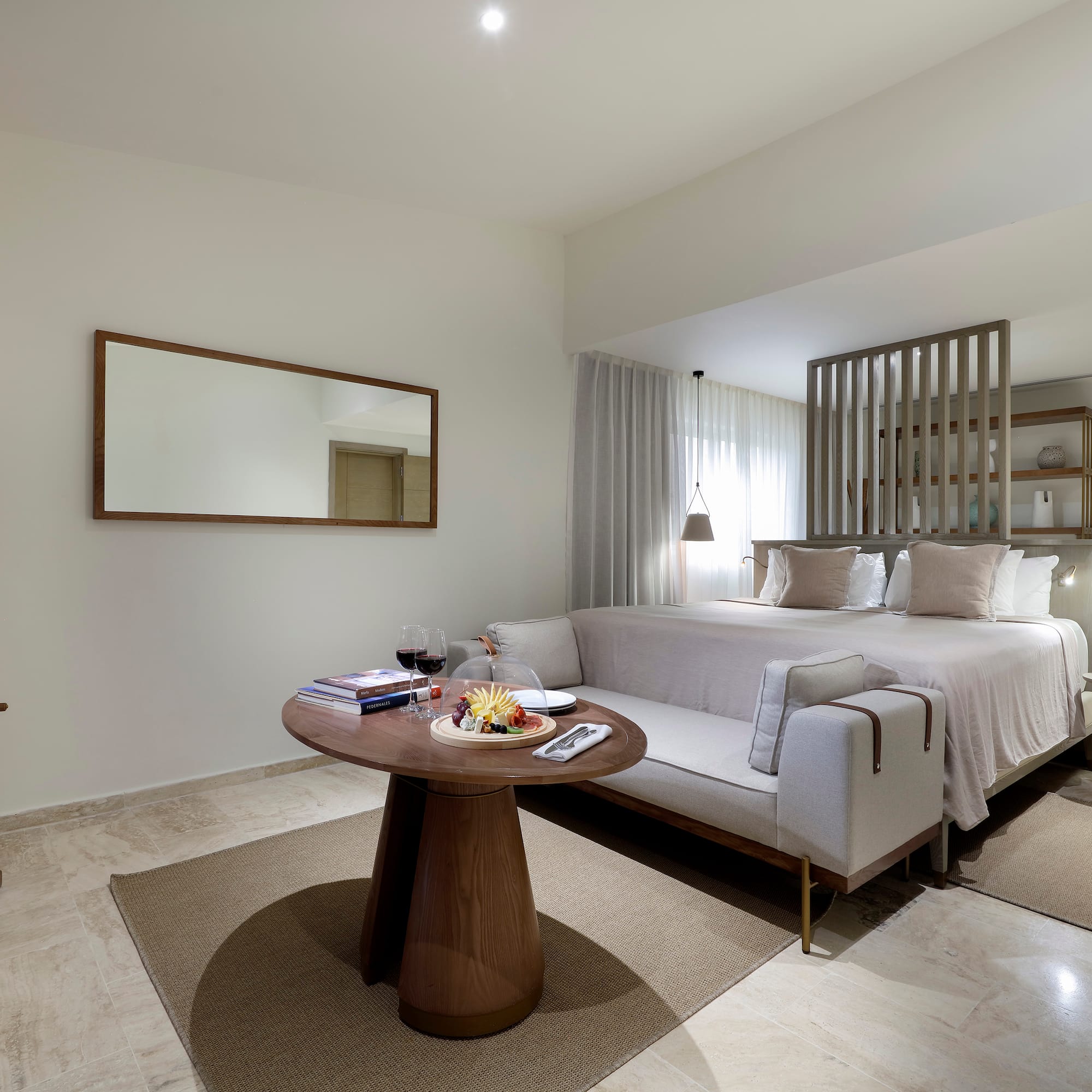 a room with a bed and a table