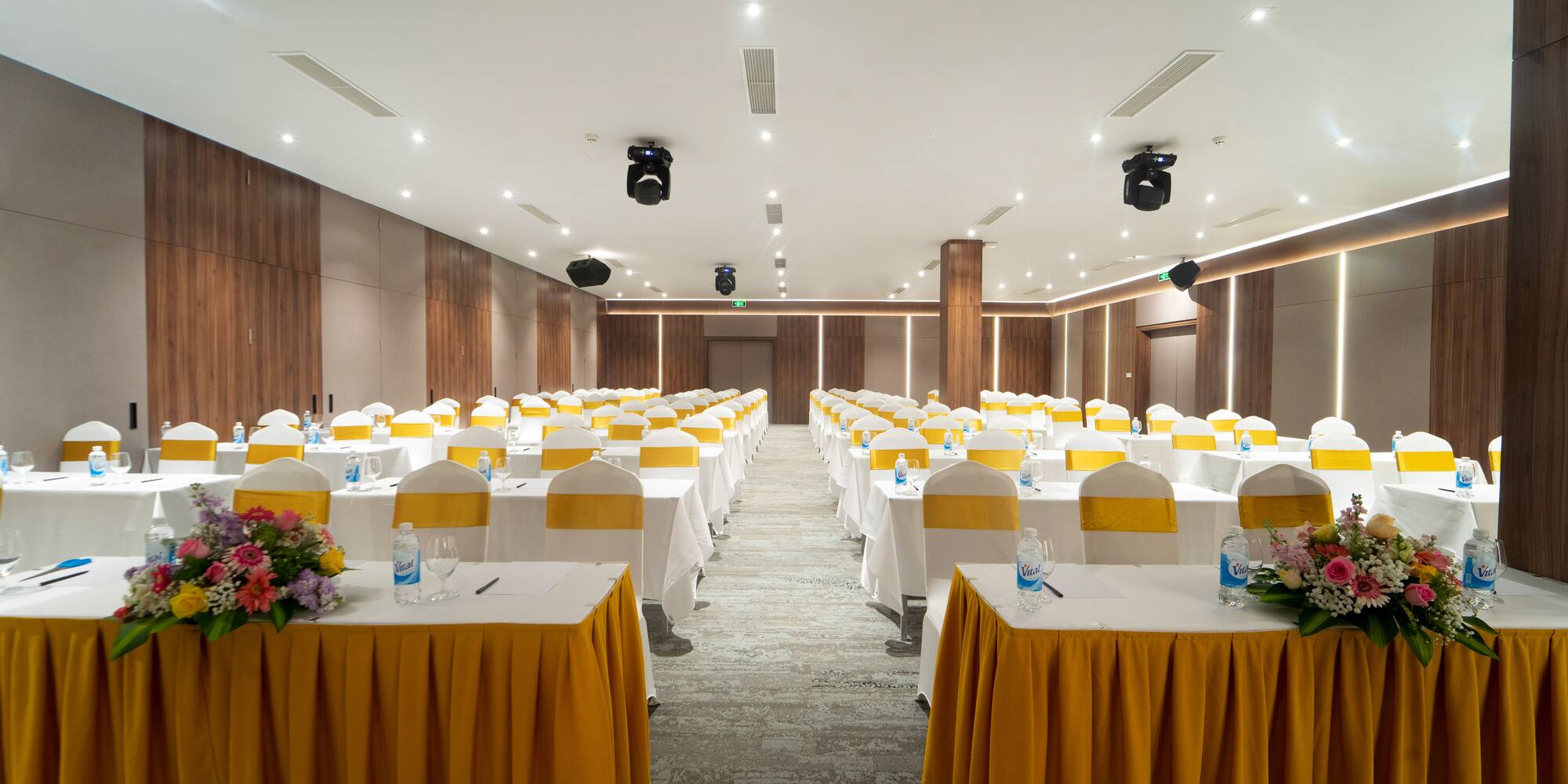 a room with tables and chairs