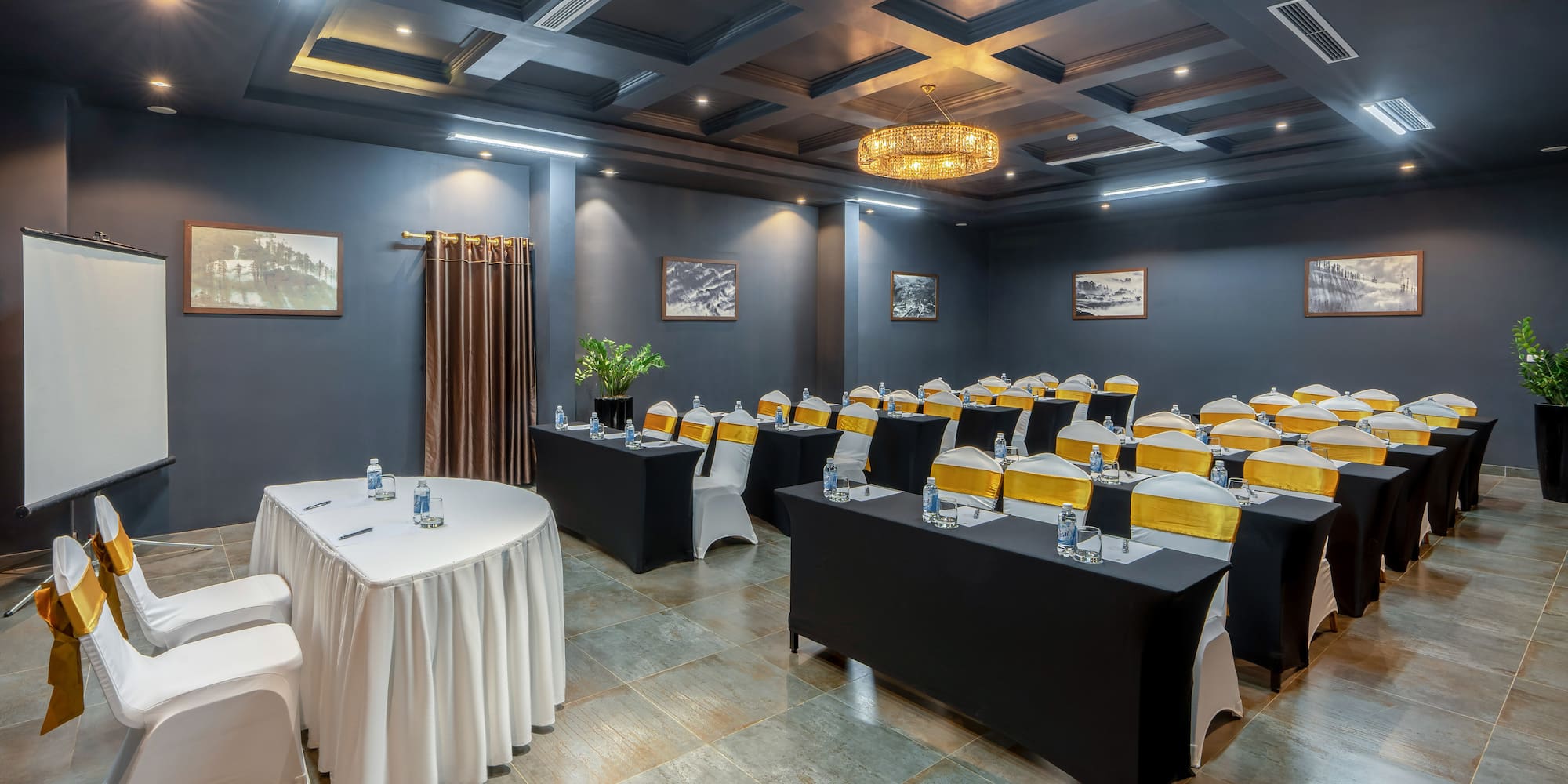 a room with tables and chairs