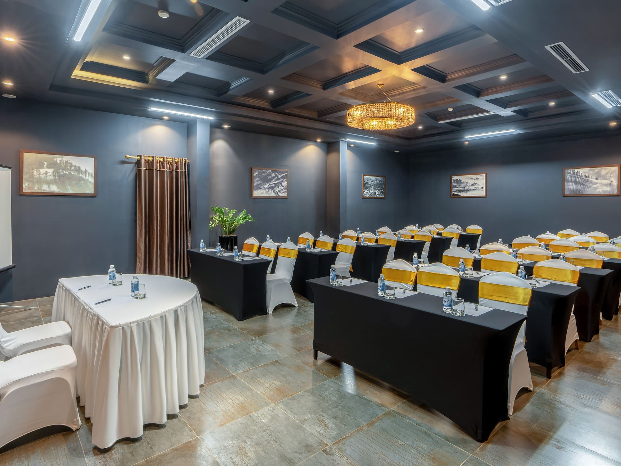 a room with tables and chairs